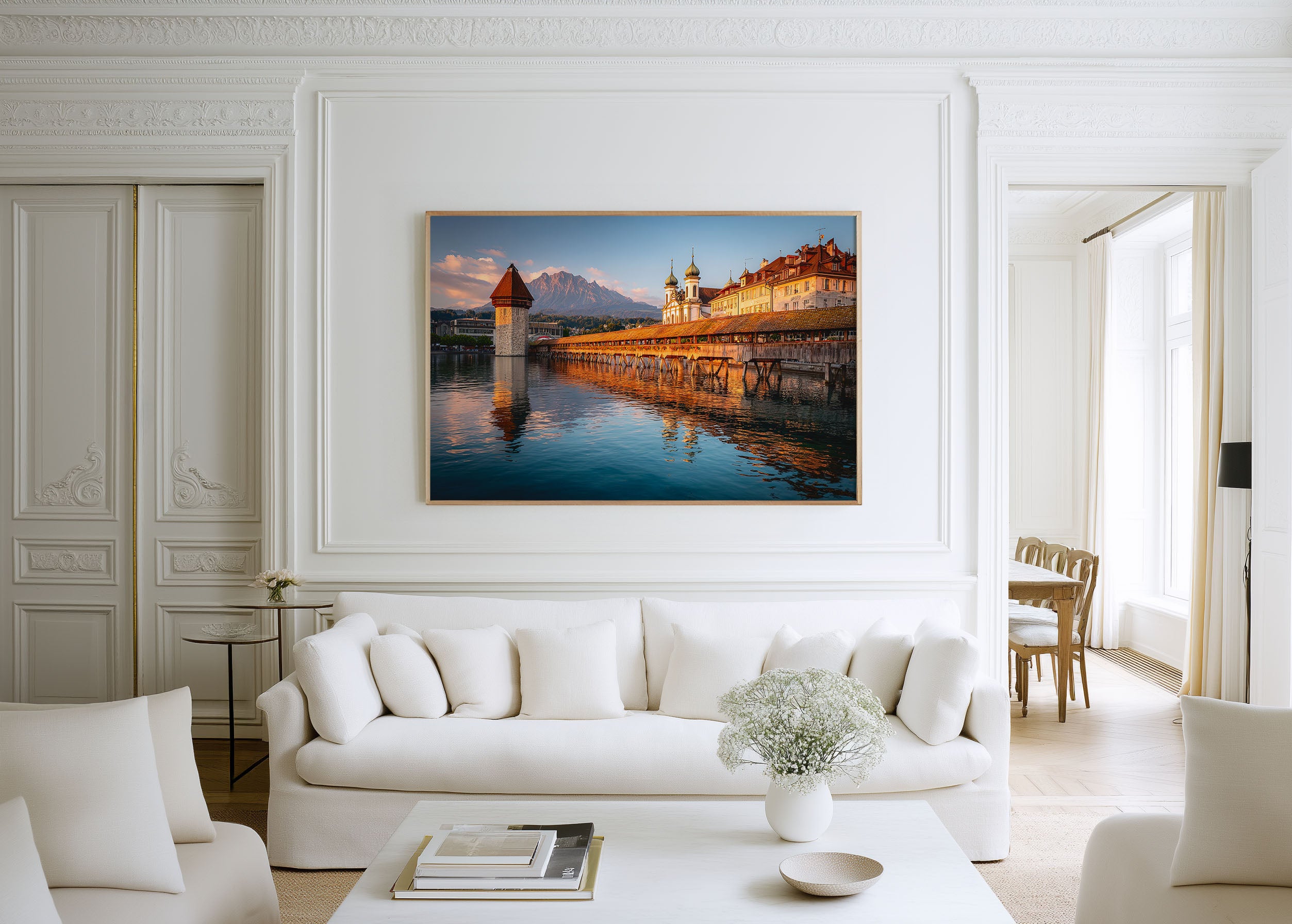 Lucerne Switzerland Wooden Bridge Wall Art Print – Chapel Bridge Lake Reflection