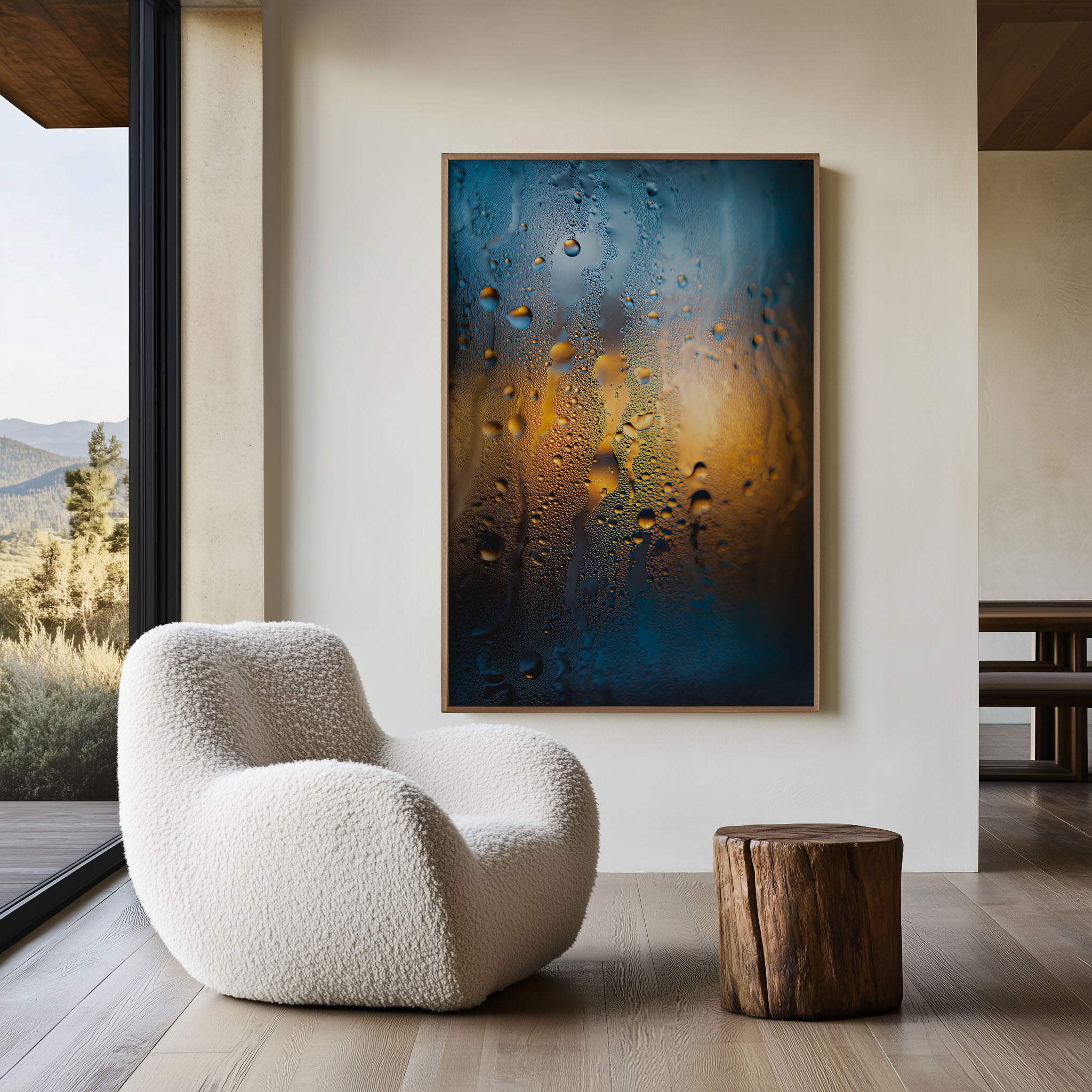 Macro Abstract Condensation Droplets Blue and Gold on Glass Wall Art Print | Abstract Water Texture Photography Poster | Modern Contemporary Art Decor