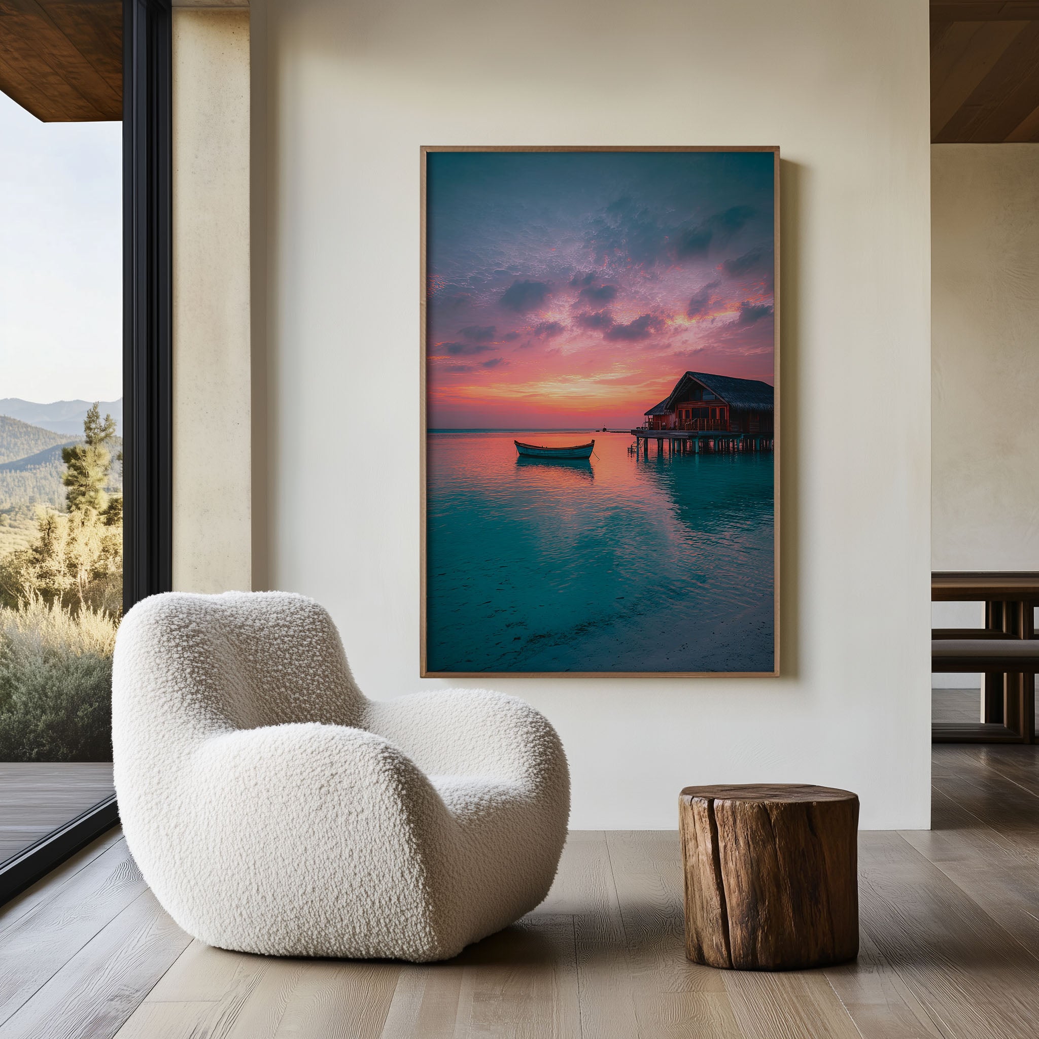 Maldives Overwater Bungalow Sunset Turquoise Lagoon Wooden Boat Wall Art Print | Maldives Travel Photography Poster | Luxury Tropical Decor