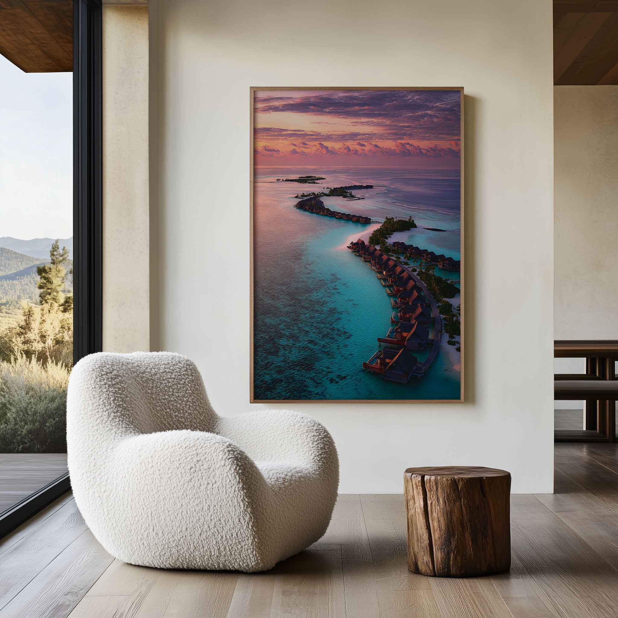 Maldives Turquoise Lagoon Aerial Sunrise Overwater Bungalows Wall Art Print | Maldives Resort Photography Poster | Luxury Island Travel Decor