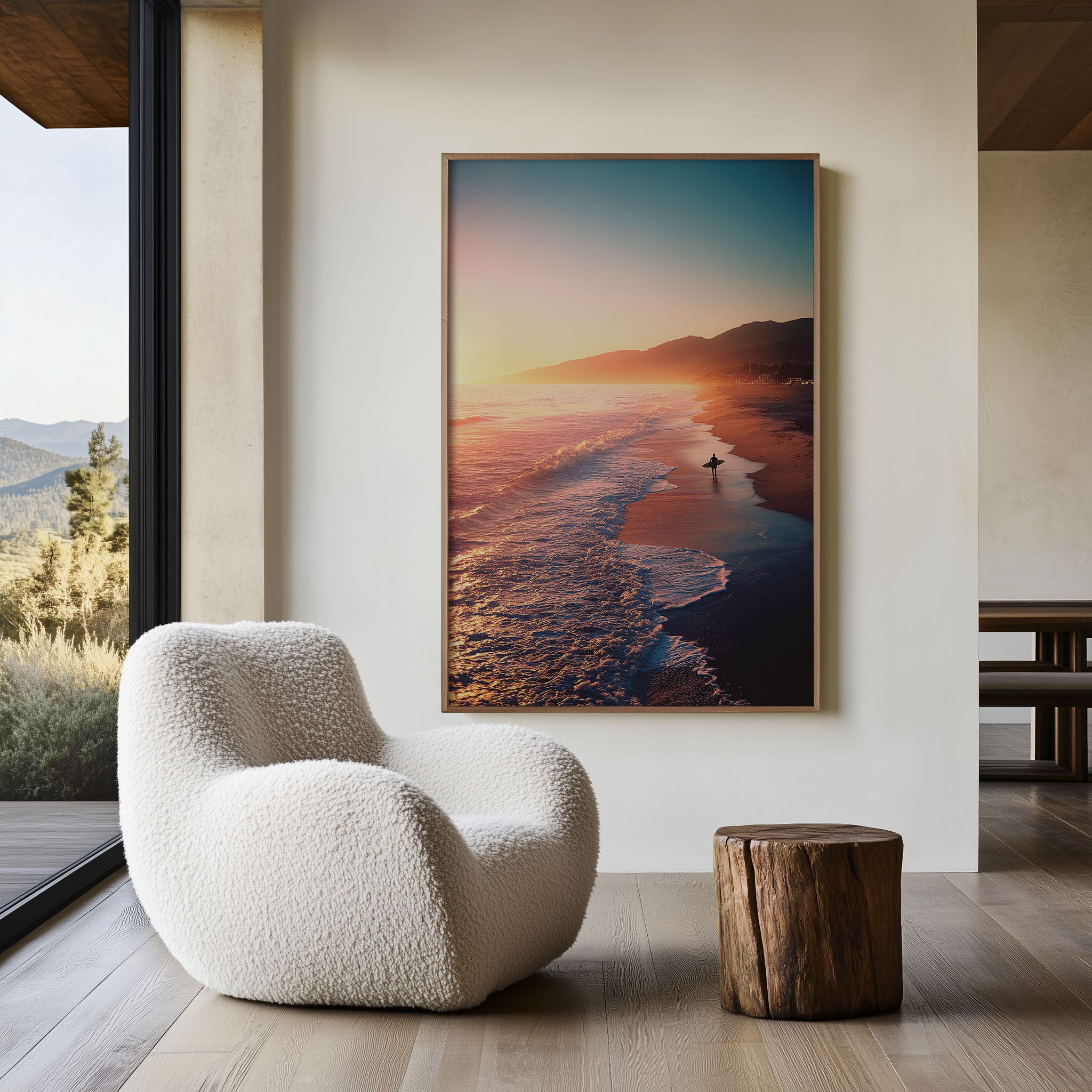Malibu Sunset Surfer Walking Along Beach Golden Hour California Wall Art Print | Coastal Surf Photography Poster | Beach Nature Decor