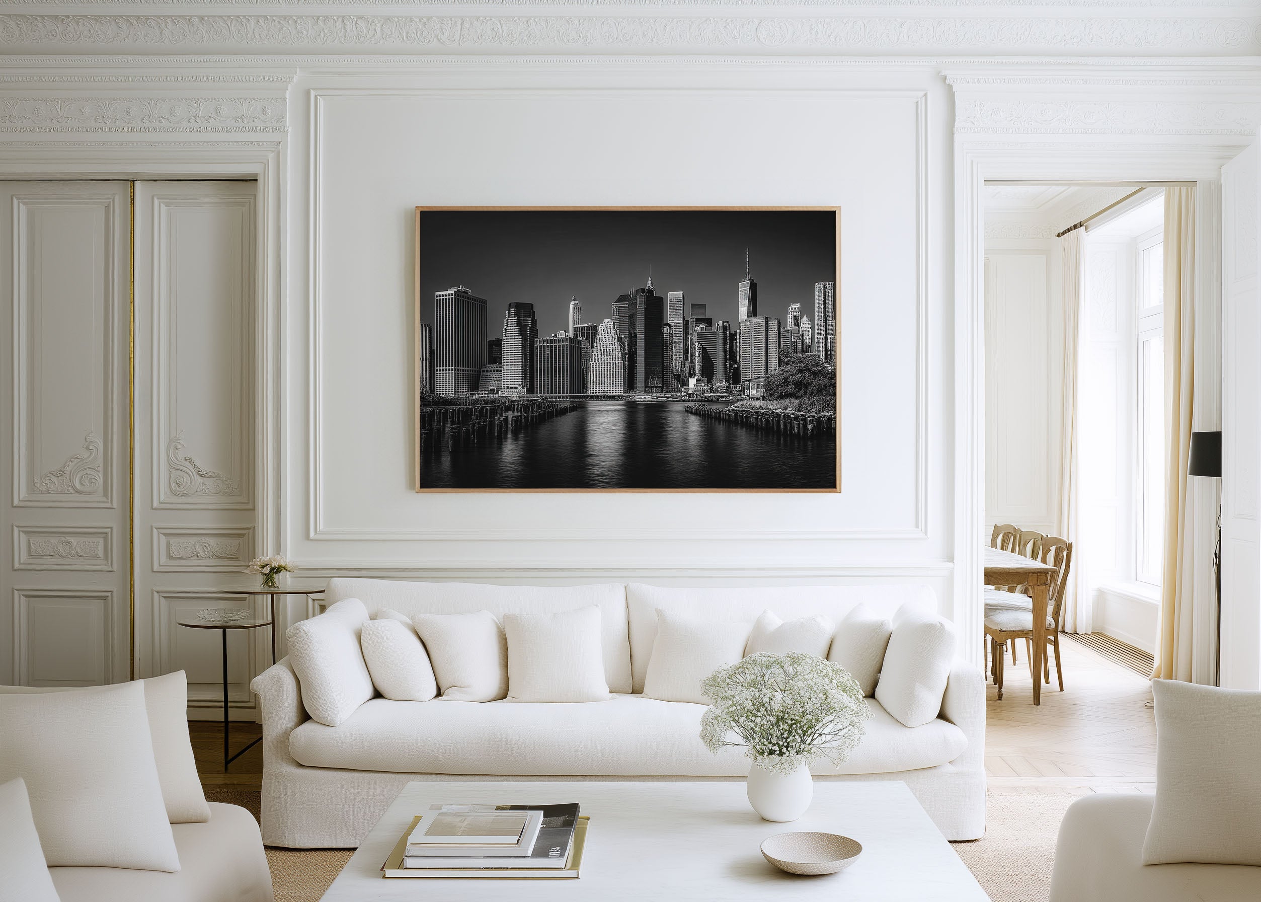 Manhattan Skyline Waterfront Black & White Wall Art Print