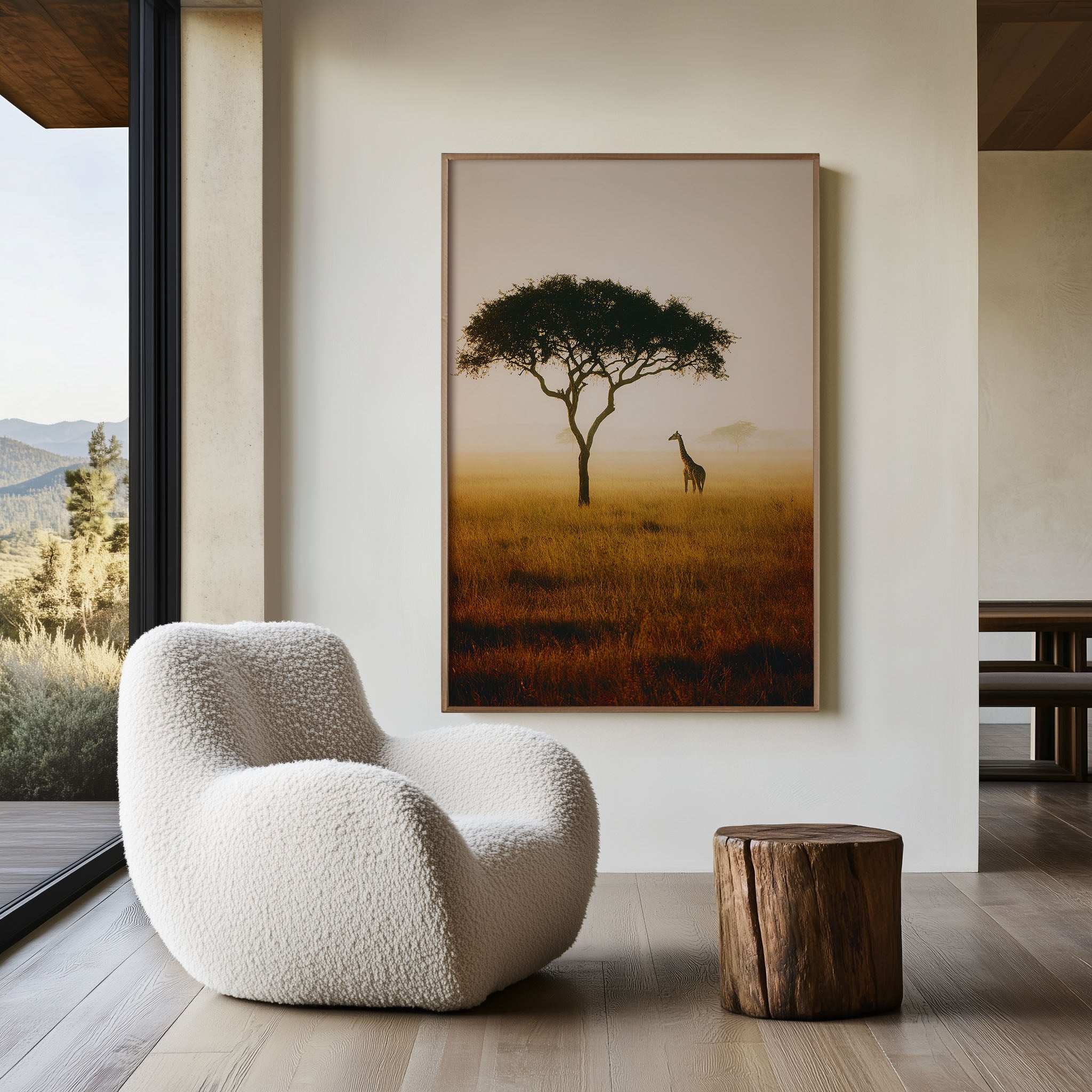 Masai Mara Golden Savannah Lone Giraffe Acacia Tree Misty Morning Wall Art Print | Kenya Africa Wildlife Photography Poster | Safari Nature Decor
