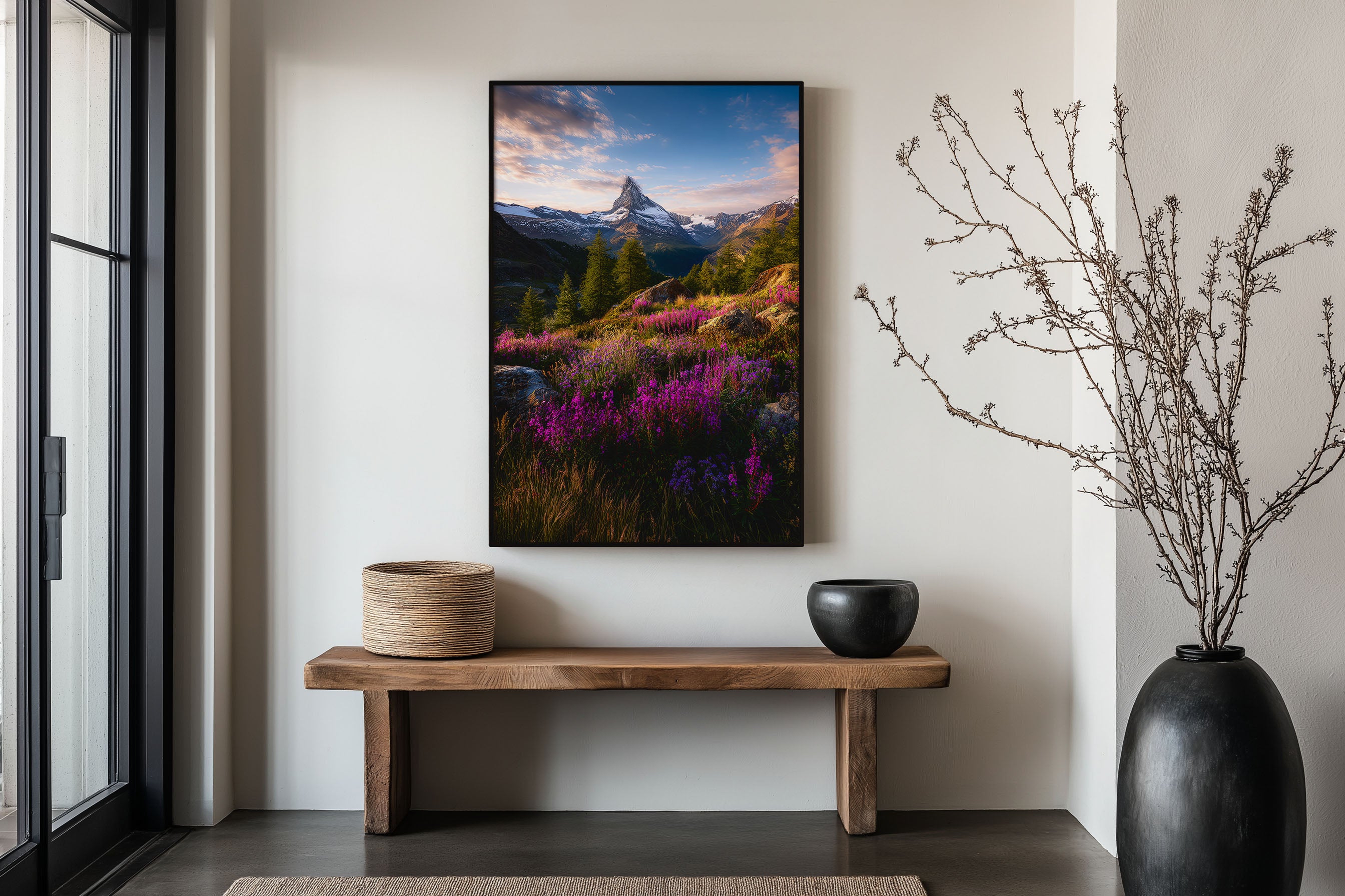 Matterhorn Wildflower Meadow Wall Art Print | Zermatt Switzerland Photography | Alpine Flowers Purple Heather Sunset Poster