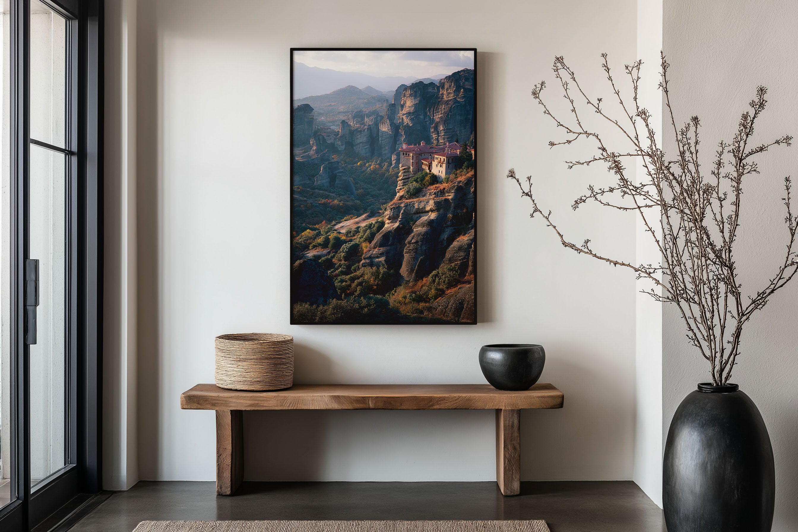 Meteora Monastery Autumn Wall Art Print | Greece Roussanou Rock Pillar Sunset Photography | Greek Travel Poster | Dramatic Nature Home Decor