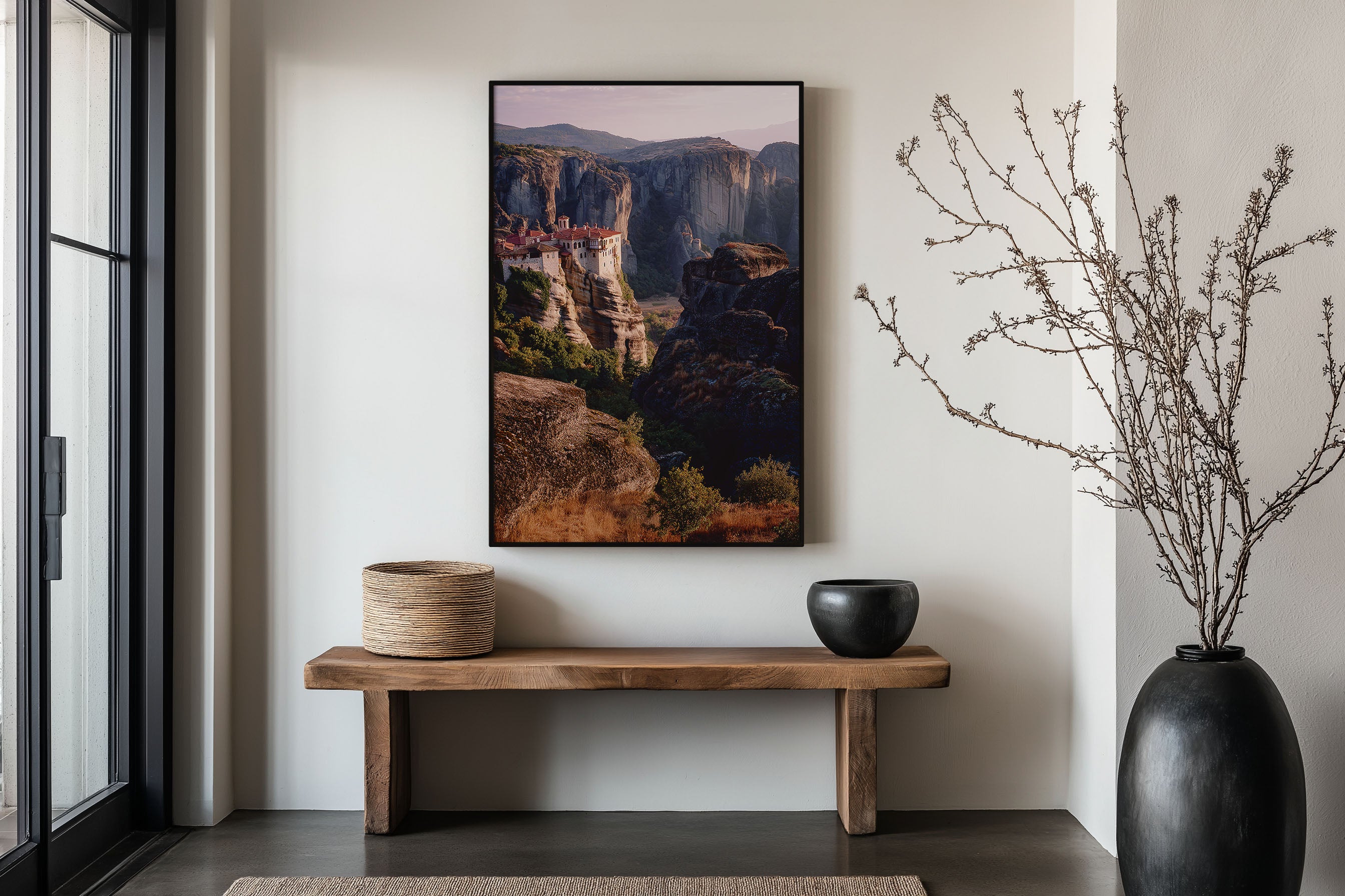 Meteora Monastery Dusk Wall Art Print | Greece Roussanou Rock Pillar Twilight Photography | Greek Travel Poster | Romantic Spiritual Home Decor