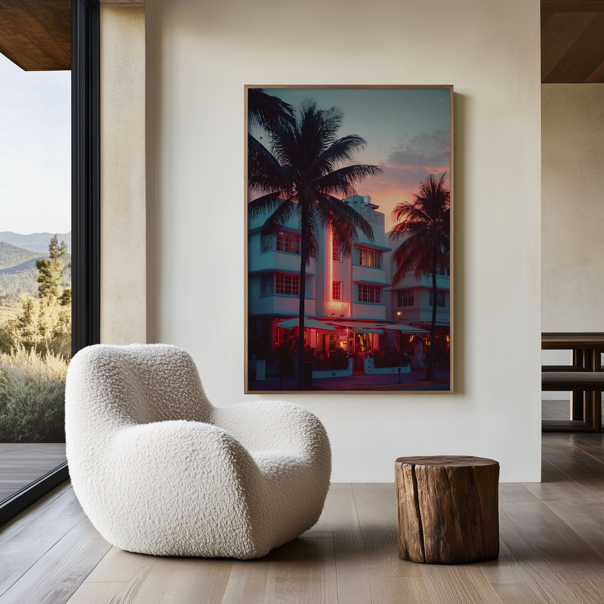 Miami Ocean Drive Neon Hotel Wall Art | Palm Tree Sunset Canvas Print