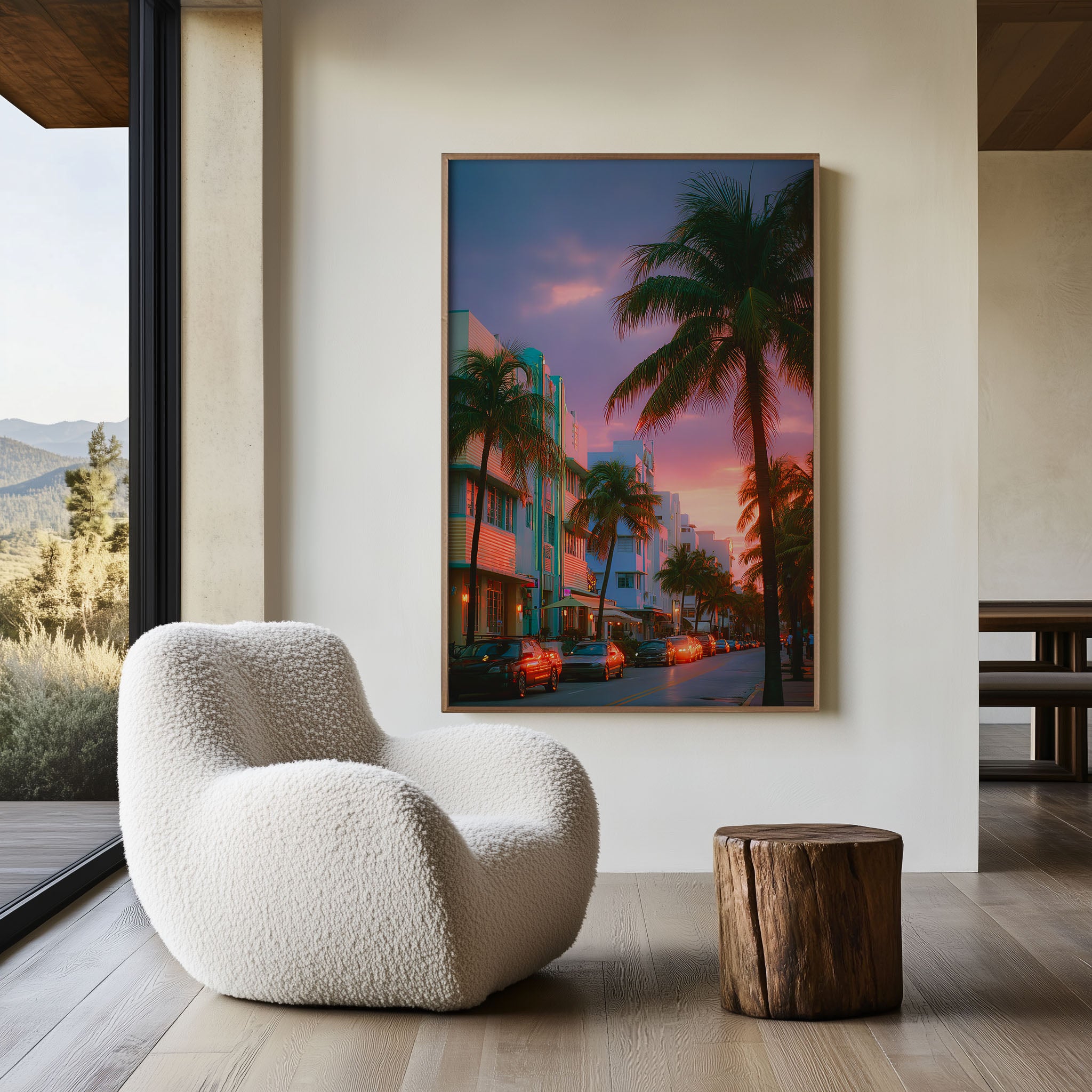 Miami Ocean Drive Sunset Palm Street Wall Art | Art Deco Coastal Print