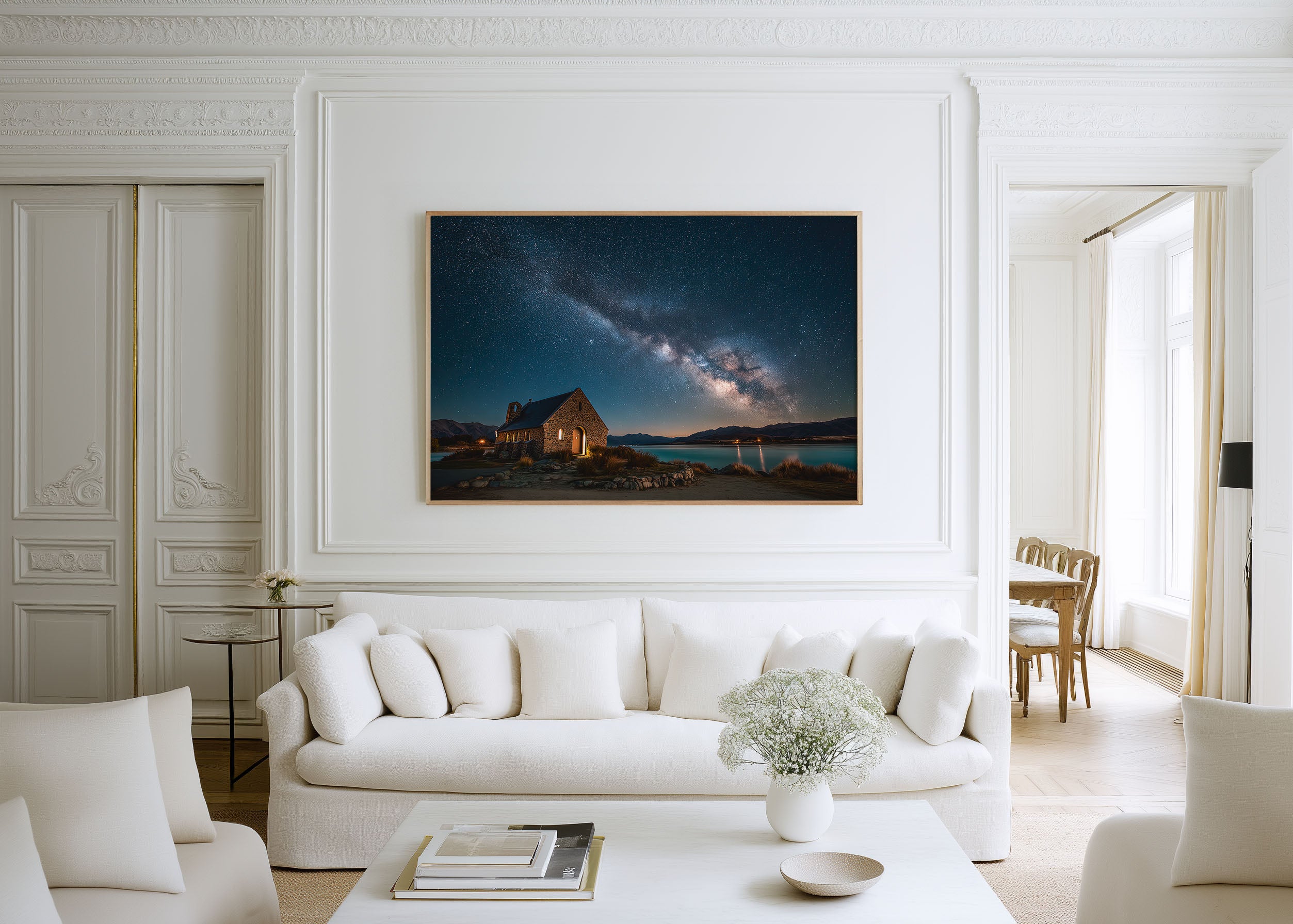 Milky Way Over Lake Church Wall Art – Starry Night Chapel Landscape