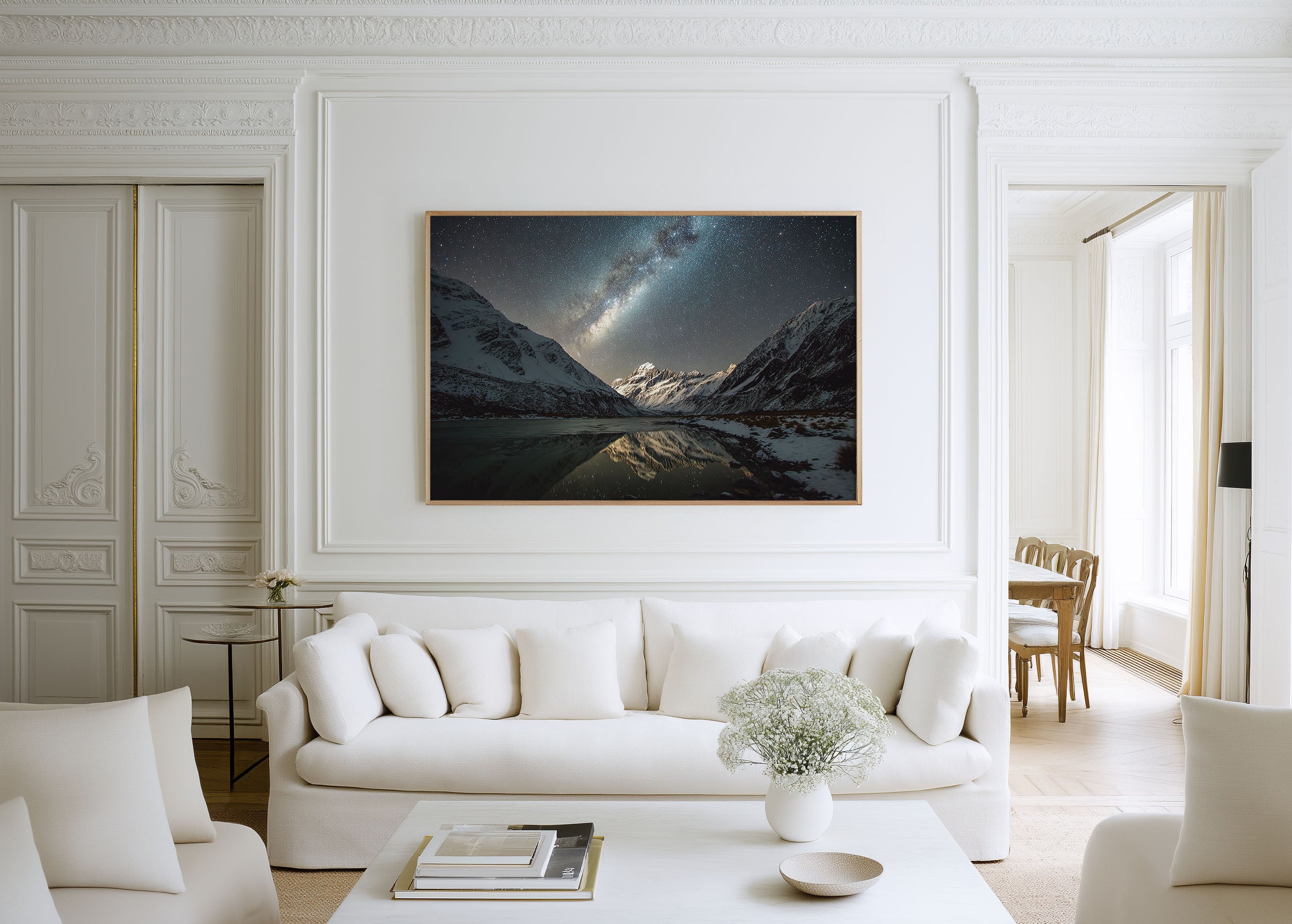 Milky Way Over Snowy Mountains Wall Art – Alpine Night Sky Reflection Landscape
