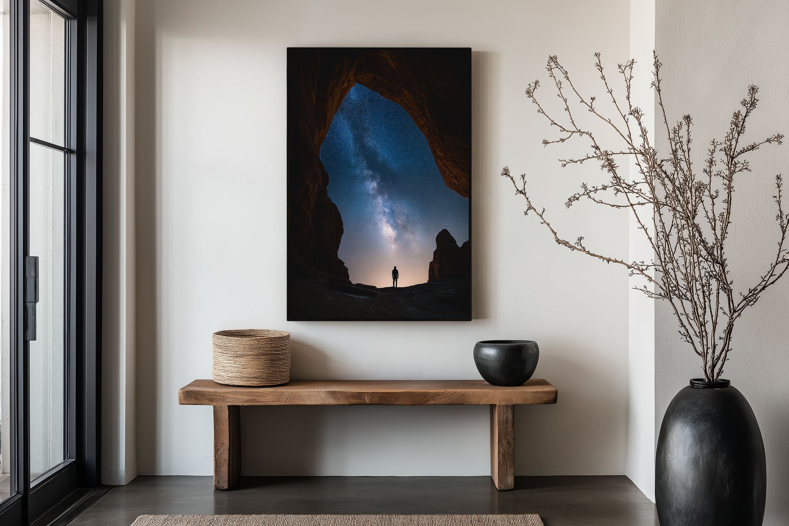 Milky Way Rock Arch Silhouette Wall Art Print | Night Sky Star Gazing Photography | Galaxy Cave Figure Poster