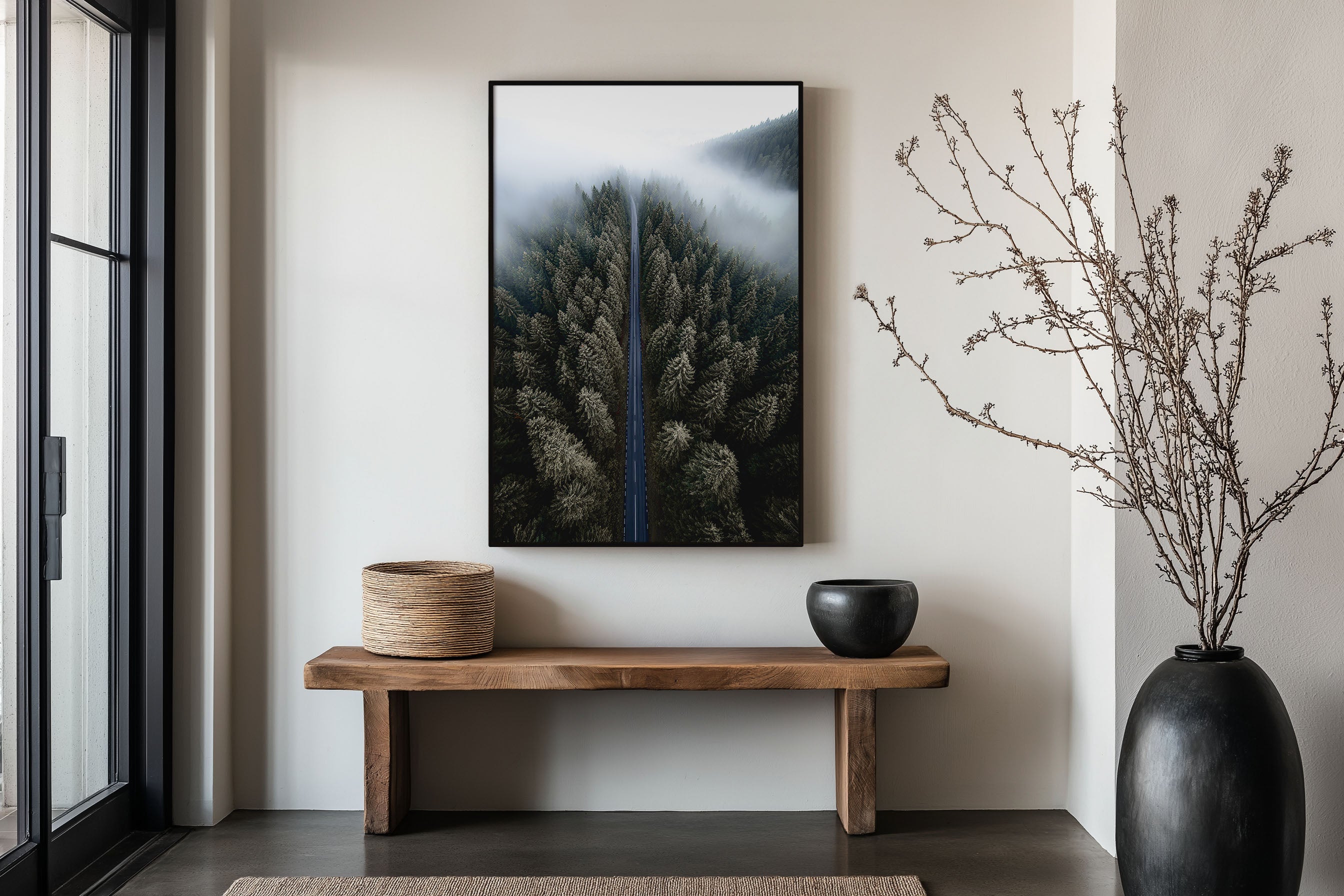 Misty Forest Road Aerial Wall Art Print | Alpine Fog Highway Photography | Dark Green Pine Forest Overhead Poster
