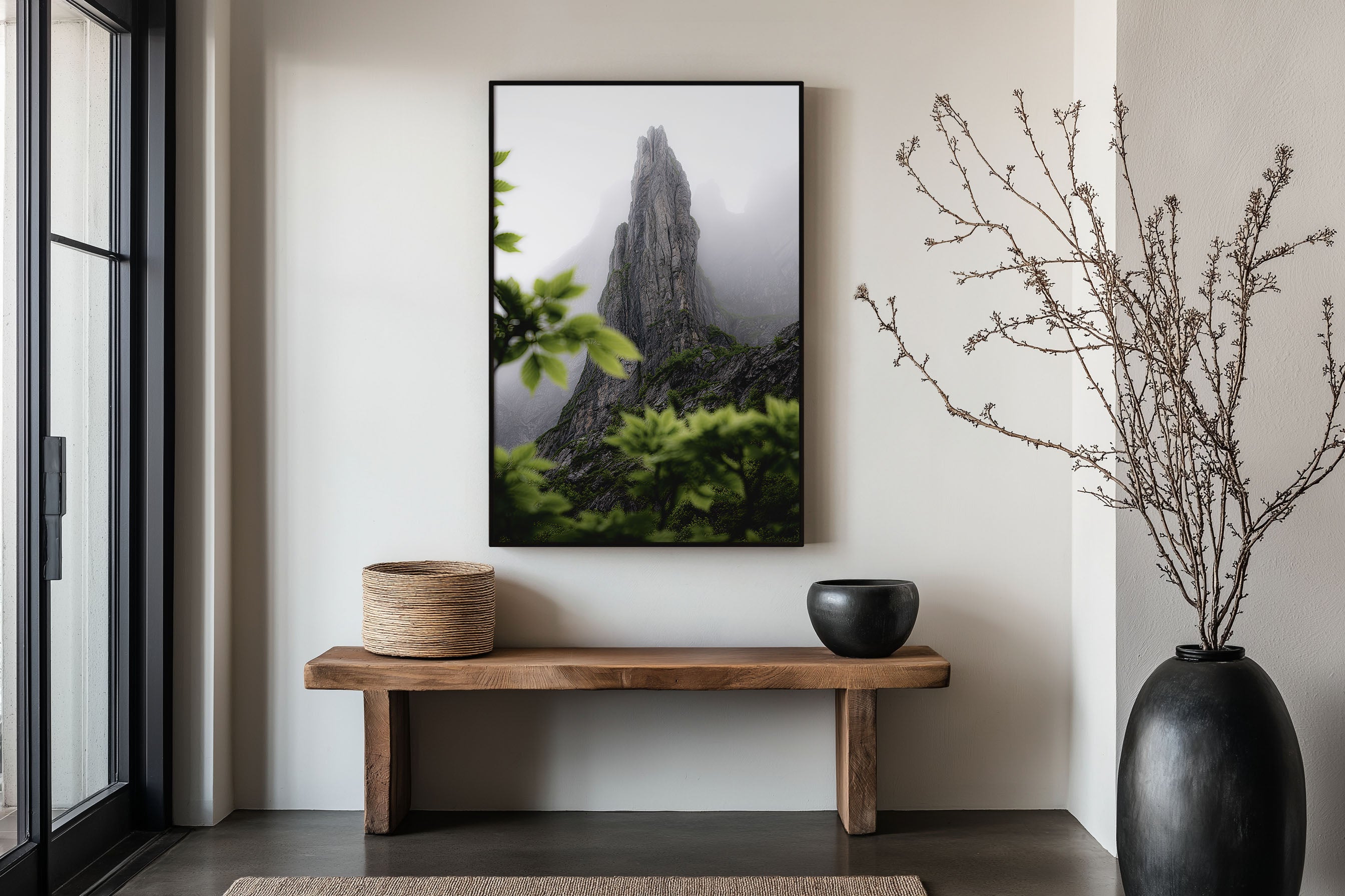 Misty Rock Spire Through Leaves Wall Art Print | Norway Lofoten Foggy Mountain Photography | Dramatic Peak Green Forest Poster