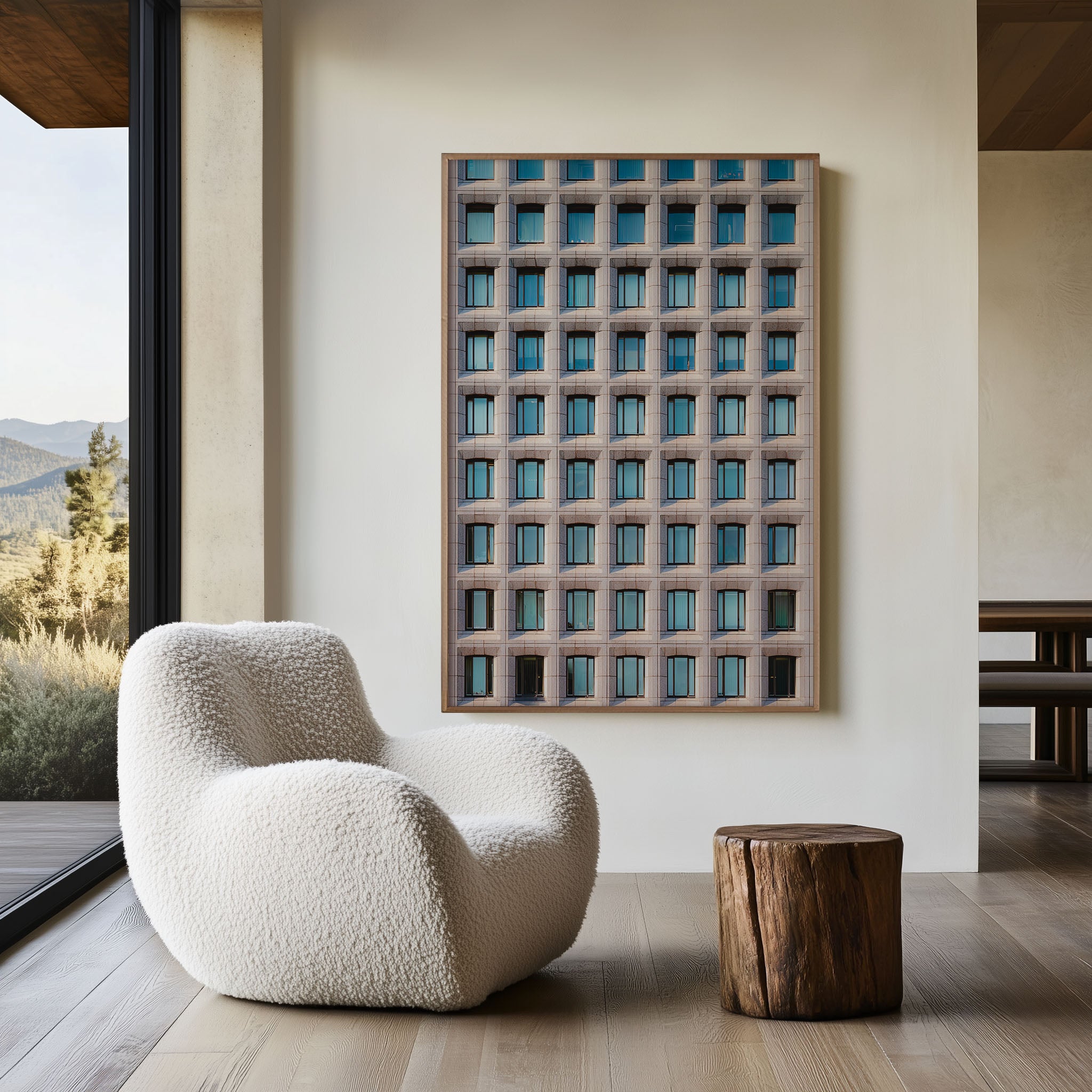Modern Geometry Facade Wall Art – Minimalist Architecture Canvas Print, Grid Window Building Decor