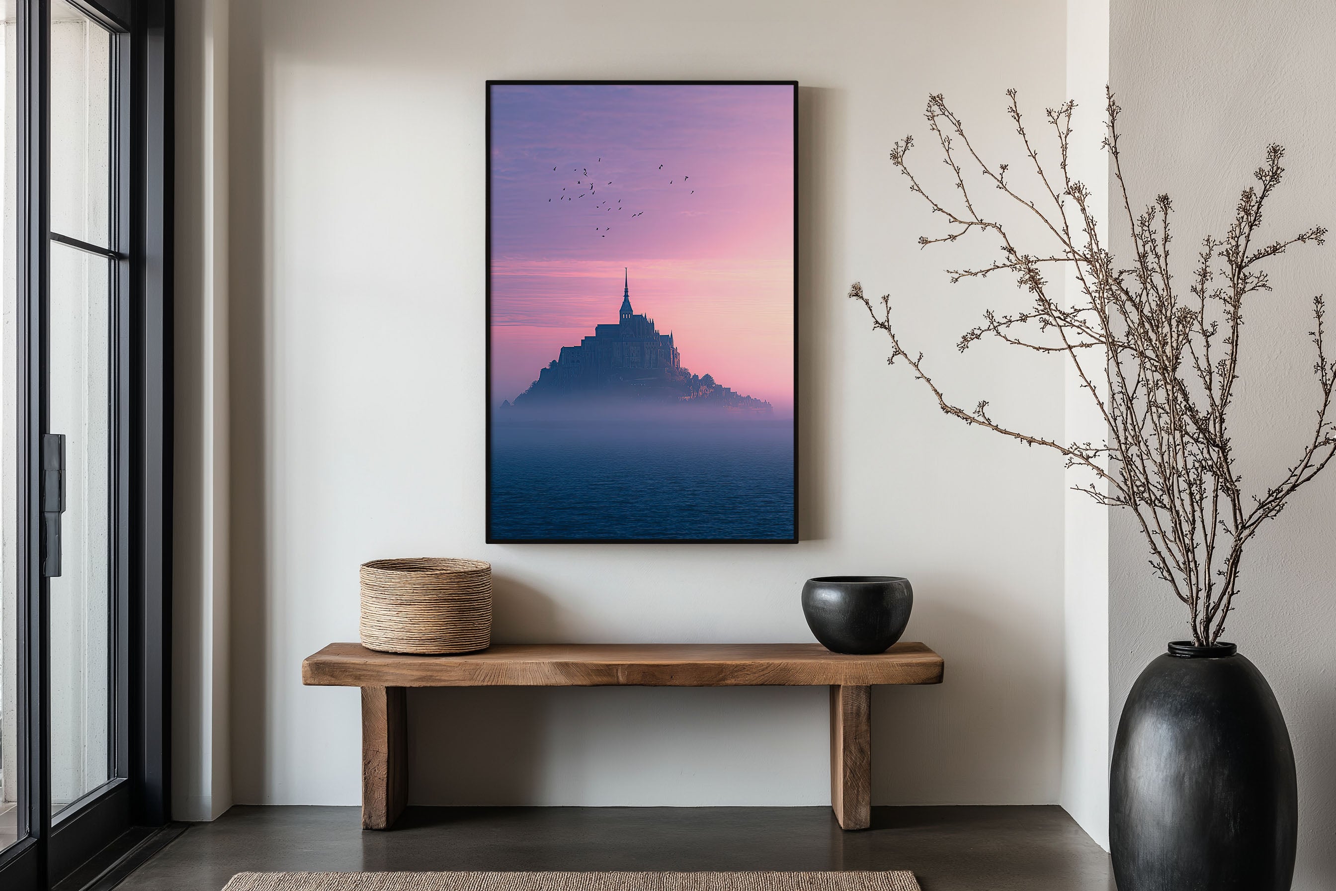 Mont Saint-Michel France Print | Pink Sunset Foggy Castle Wall Art | Normandy Travel Photography