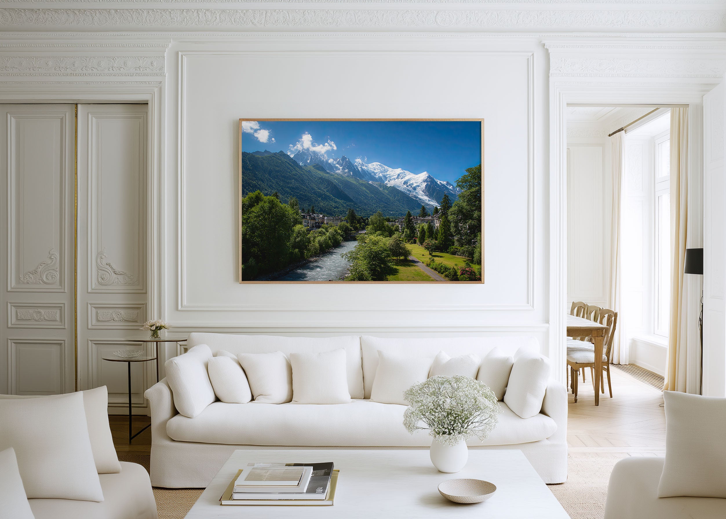 Mont Blanc Valley River Scenic Wall Art Print – Alpine Mountain Canvas