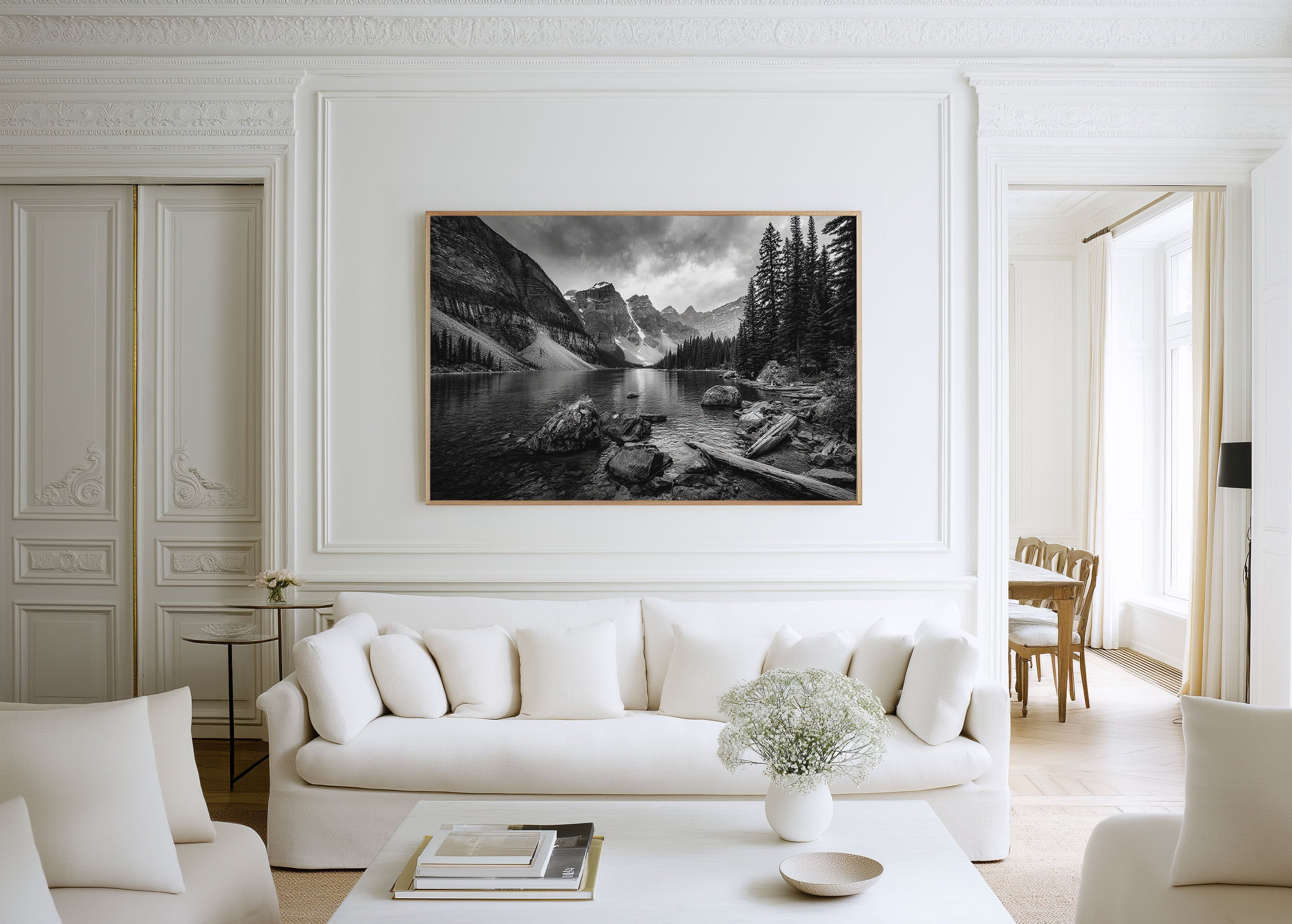 Moraine Lake Black and White Wall Art Print – Mountain Landscape Canvas