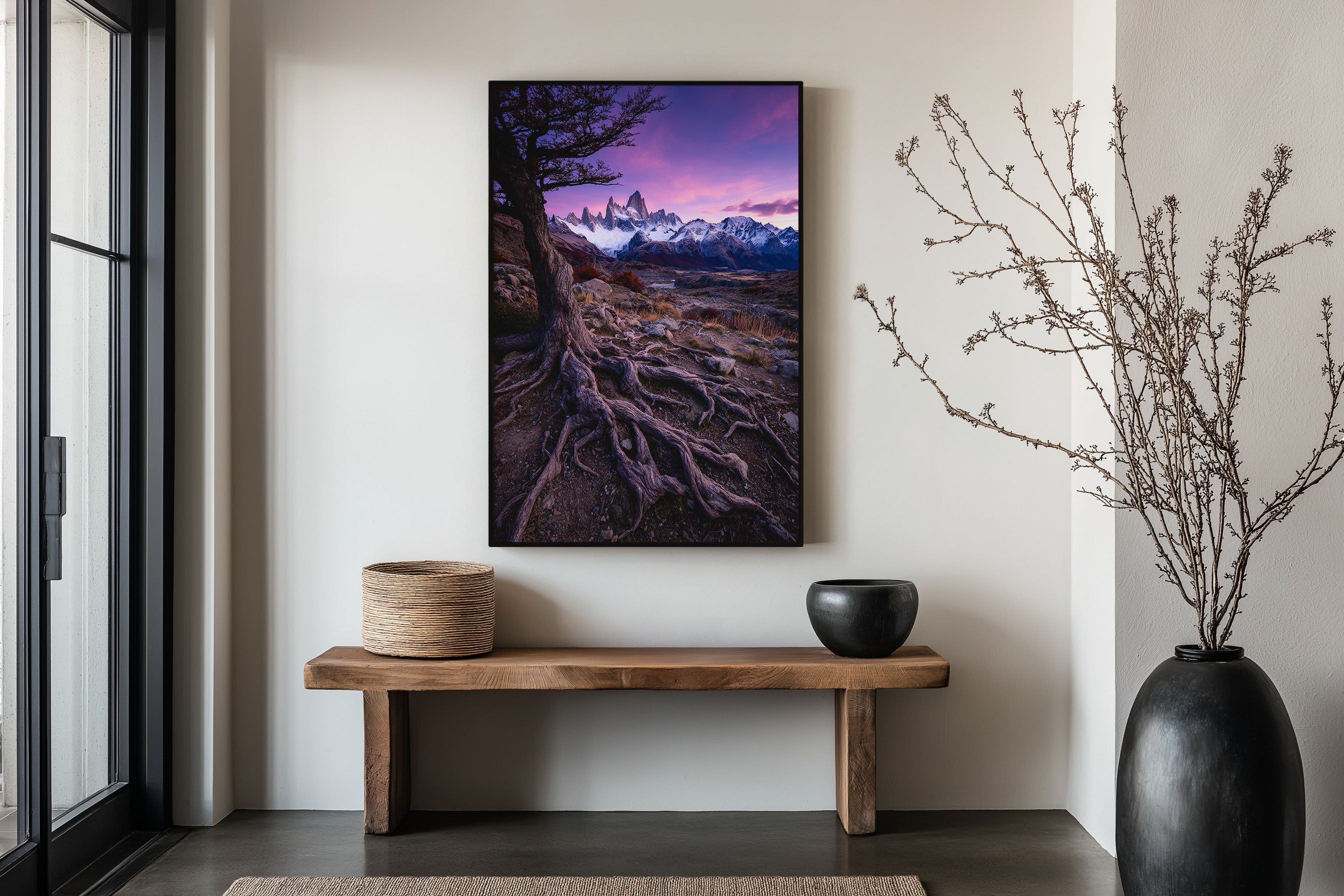Mount Fitz Roy Purple Sunrise Tree Roots Print | Patagonia Violet Sky Wall Art | El Chaltén Ancient Tree Landscape Photography Poster