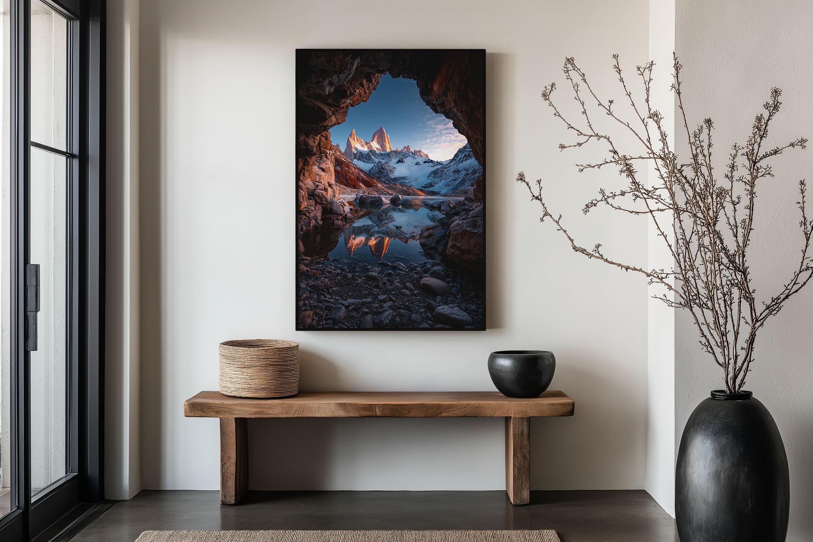 Mount Fitz Roy Cave Frame Reflection Print | Patagonia Rock Cave Wall Art | El Chaltén Alpine Lake Sunrise Landscape Photography Poster