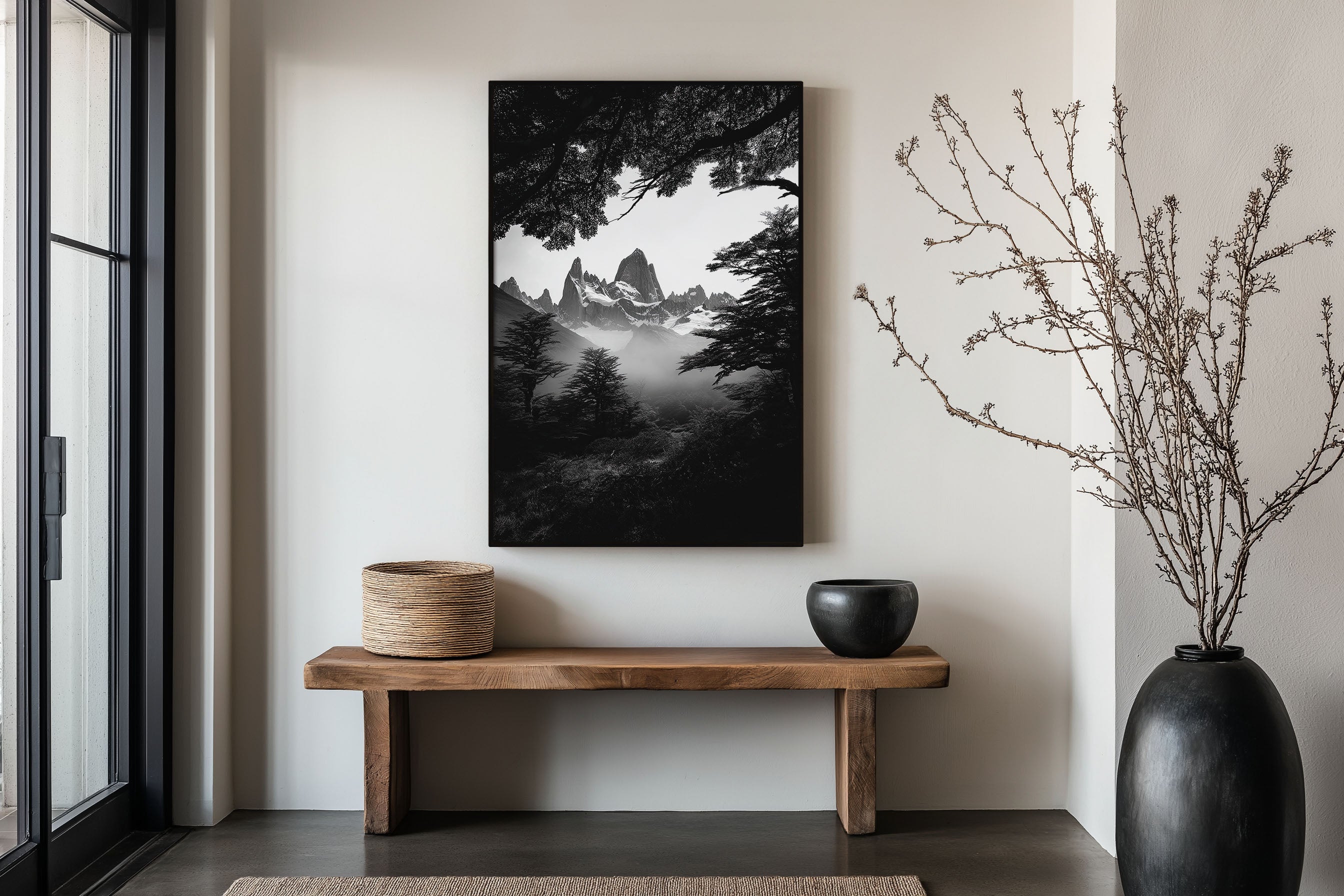 Mount Fitz Roy Black and White Print | Patagonia Monochrome Wall Art | Misty Forest Mountain Landscape Photography Poster