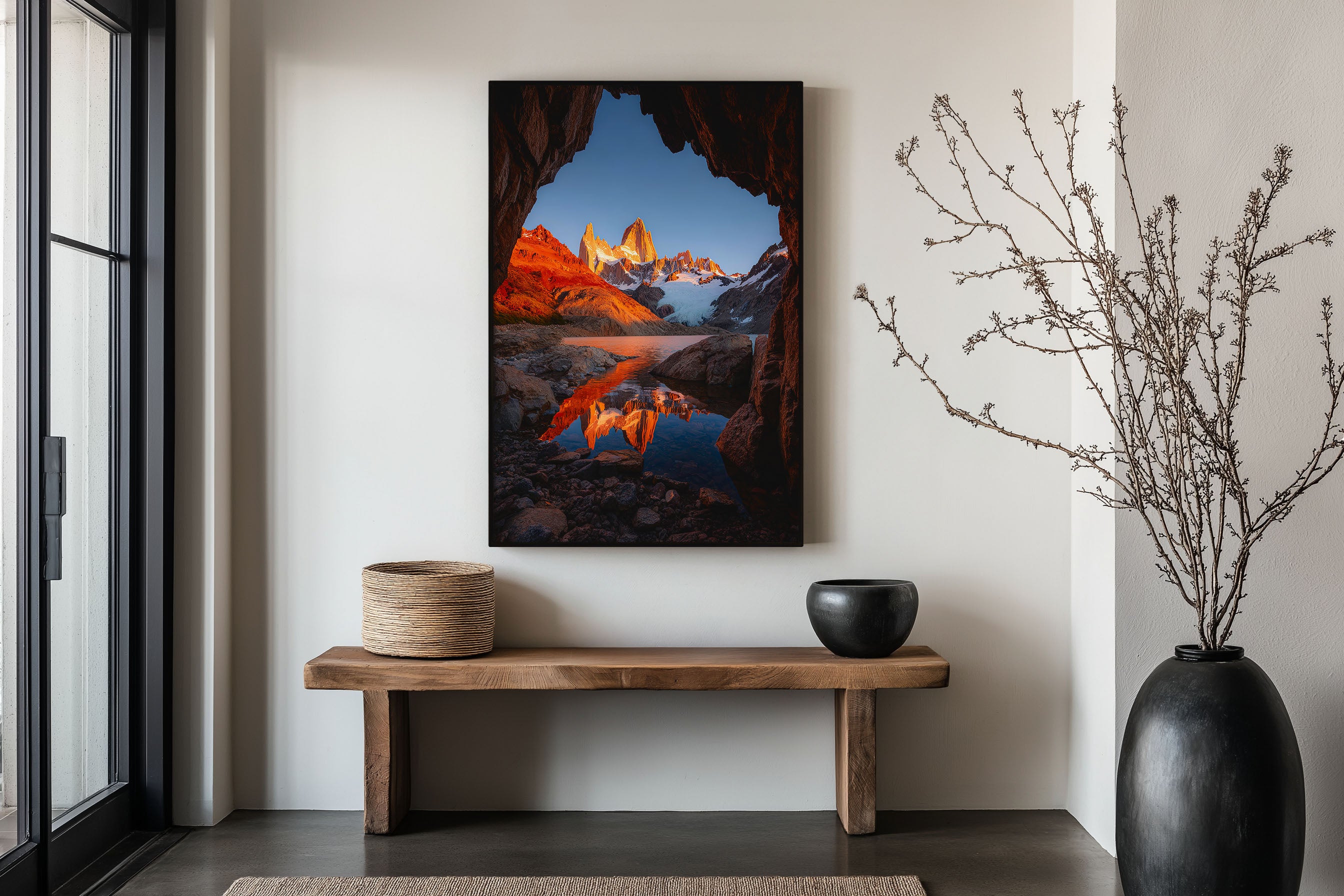 Mount Fitz Roy Fiery Sunrise Cave Reflection Print | Patagonia Alpenglow Wall Art | El Chaltén Rock Arch Lake Landscape Photography Poster