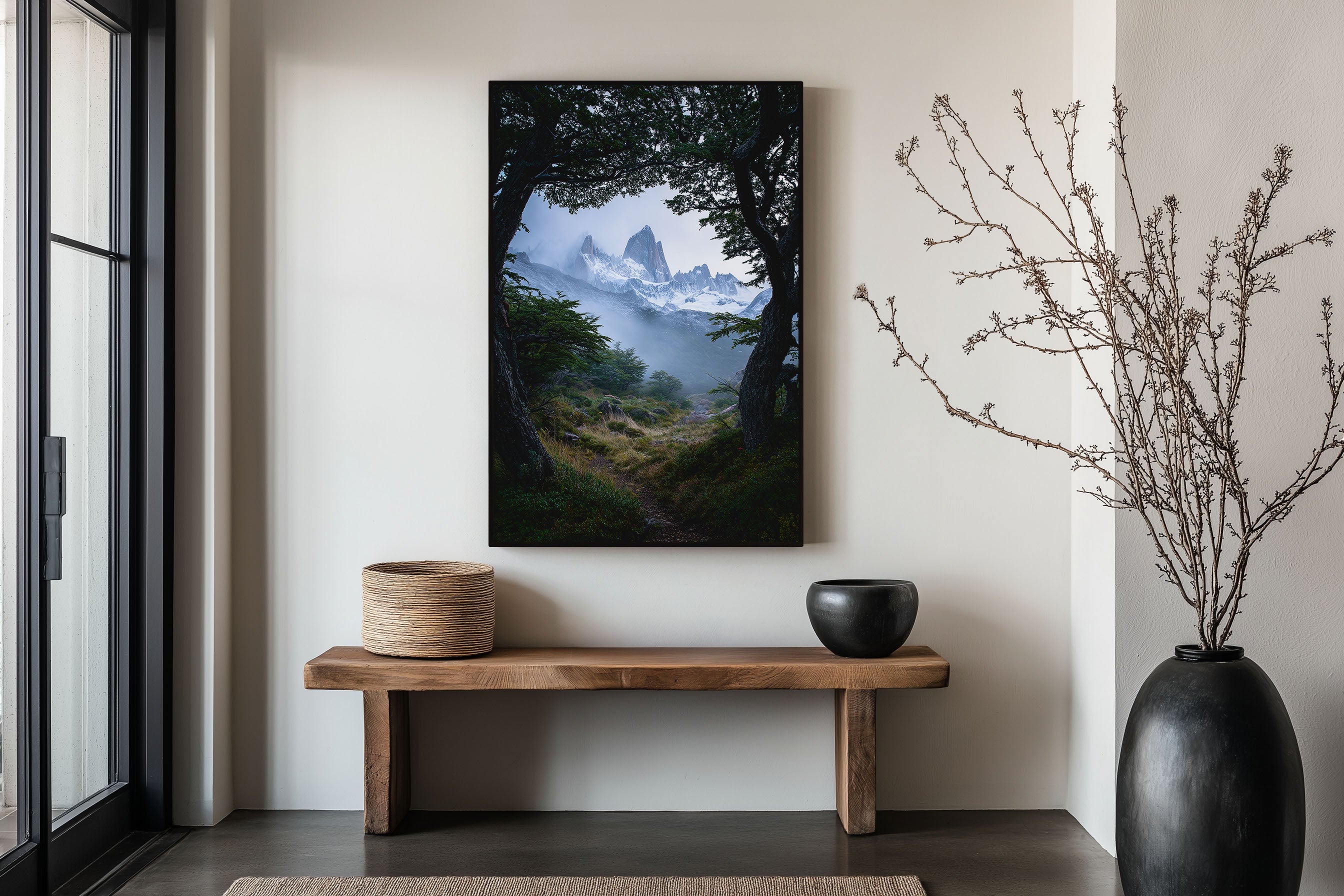 Mount Fitz Roy Misty Forest Trail Print | Patagonia Moody Blue Wall Art | El Chaltén Lenga Tree Frame Landscape Photography Poster