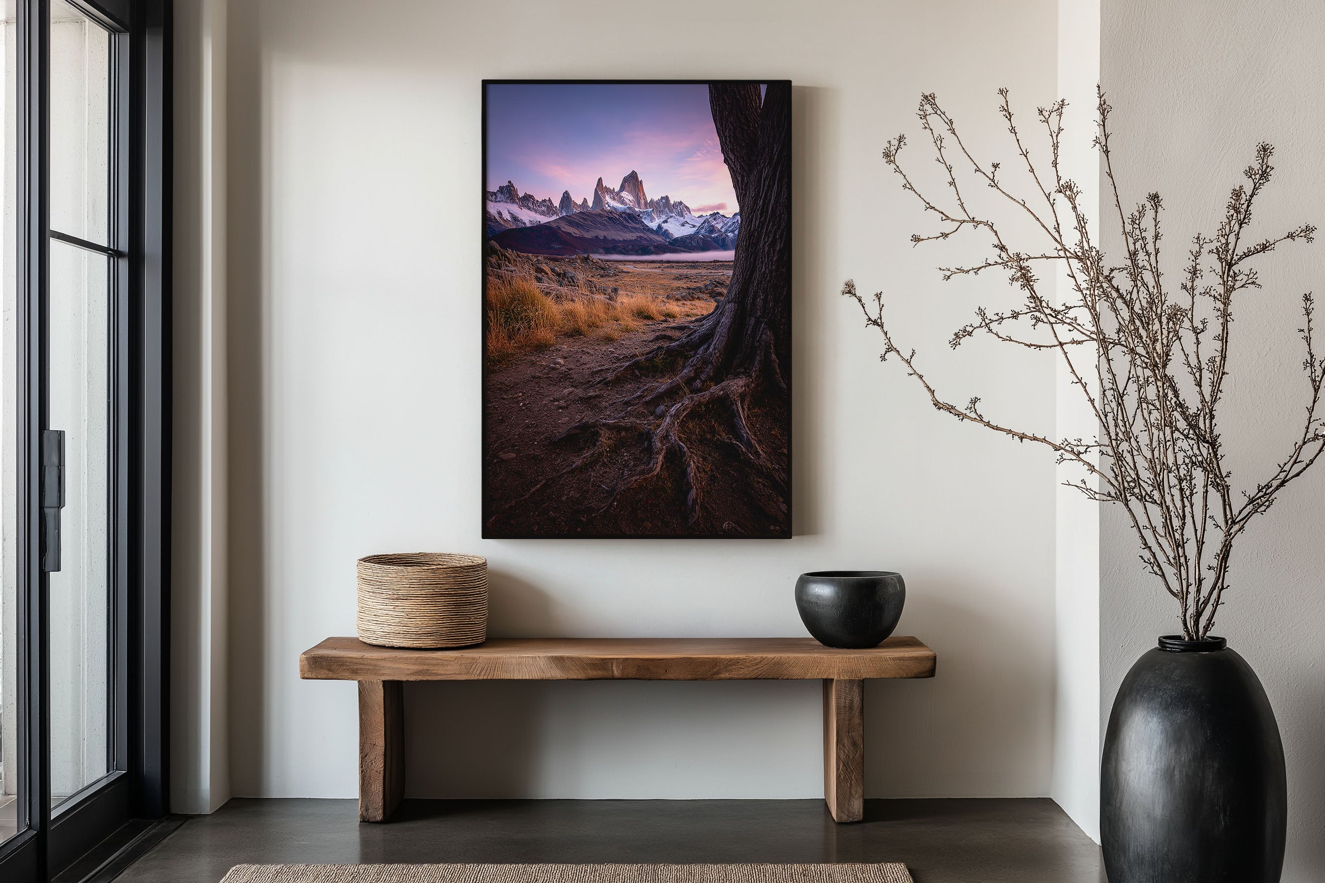 Mount Fitz Roy Twilight Tree Roots Print | Patagonia Purple Sunset Wall Art | El Chaltén Misty Valley Landscape Photography Poster