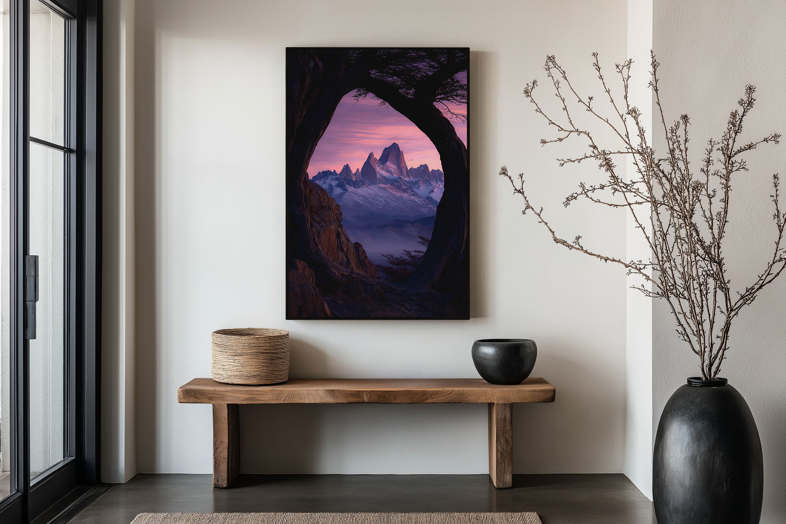 Mount Fitz Roy Pink Sunset Tree Arch Print | Patagonia Rose Sky Wall Art | El Chaltén Natural Frame Landscape Photography Poster
