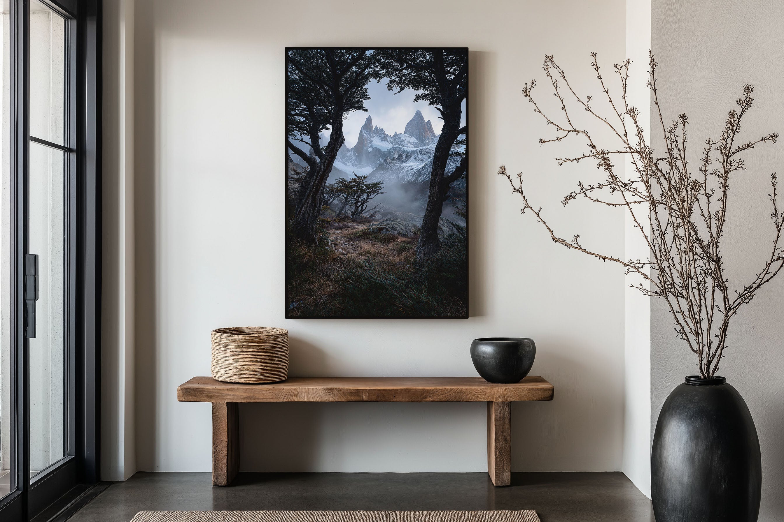 Mount Fitz Roy Winter Storm Print | Patagonia Dark Moody Wall Art | El Chaltén Twisted Trees Fog Landscape Photography Poster