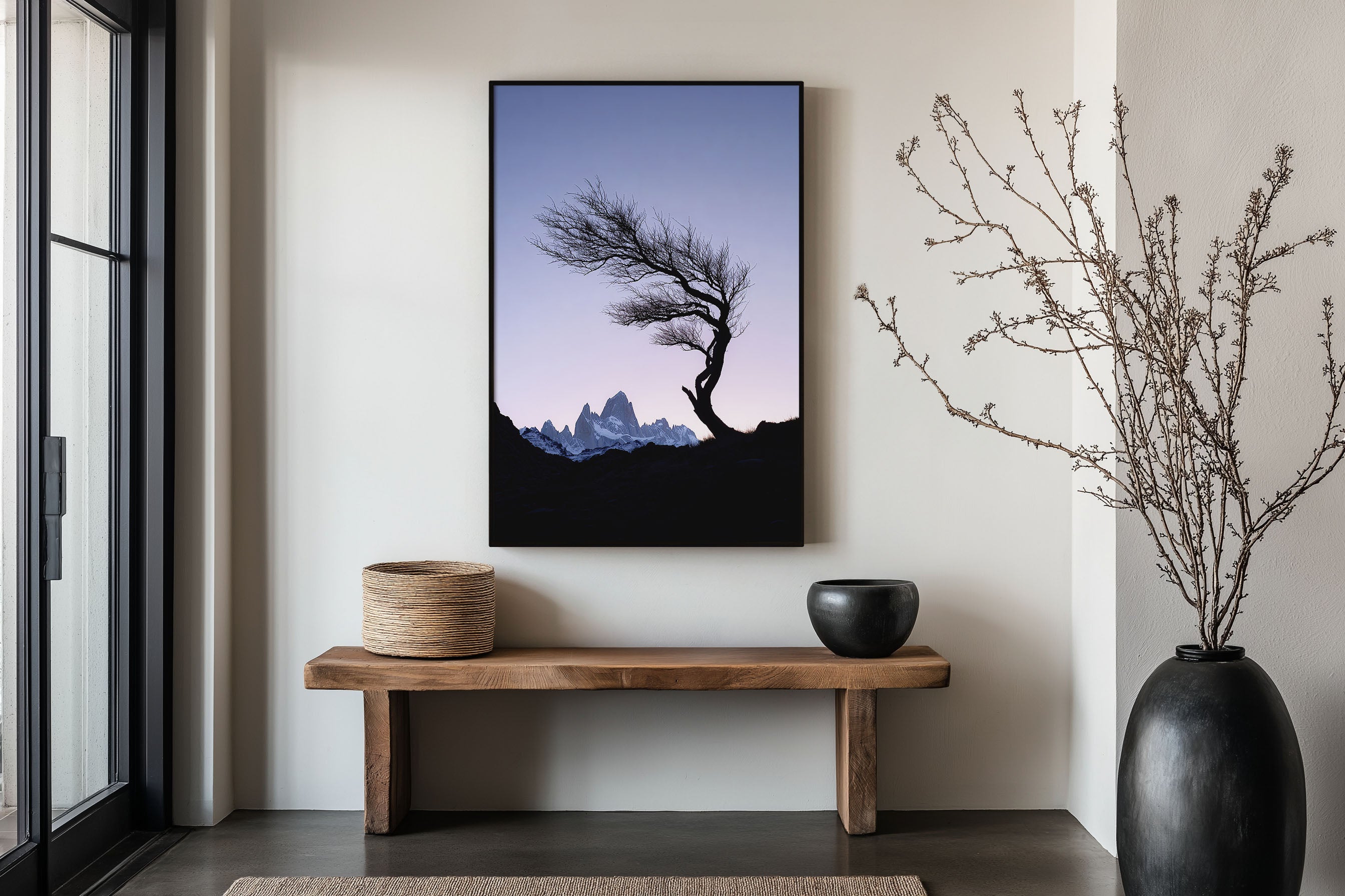Mount Fitz Roy Dusk Silhouette Print | Patagonia Minimalist Wall Art | Wind Bent Tree Twilight Landscape Photography Poster