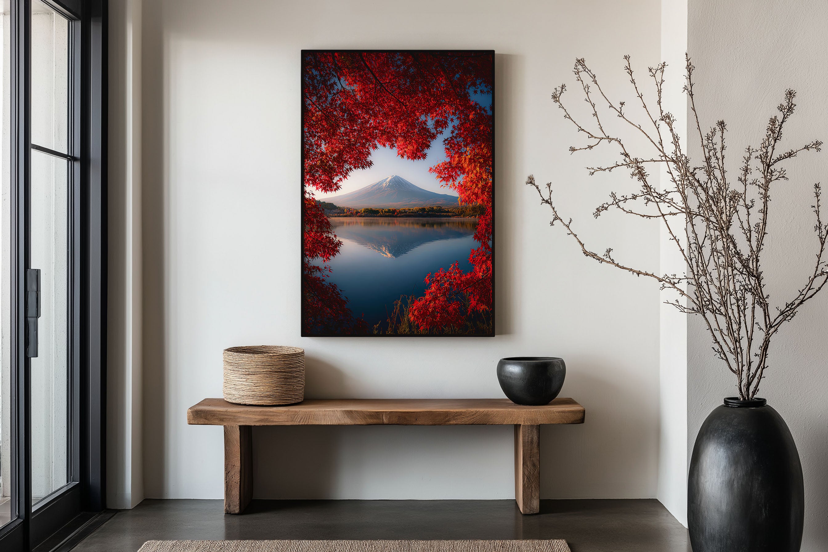 Mount Fuji Autumn Red Maple Reflection Wall Art Print | Japan Lake Kawaguchiko Photography | Fuji Momiji Landscape Poster