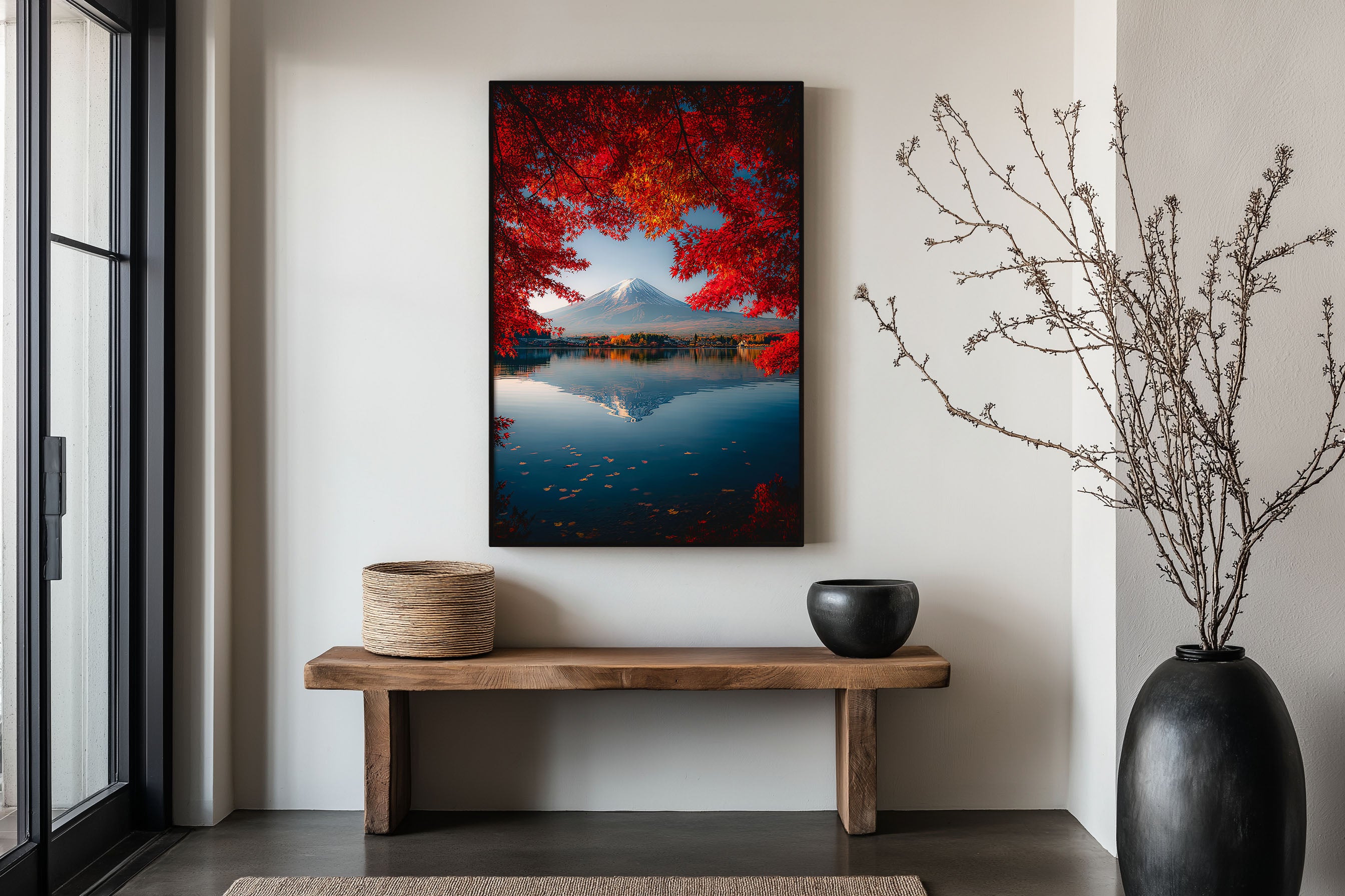 Mount Fuji Red Maple Lake Reflection Wall Art Print | Japan Autumn Kawaguchiko Photography | Fallen Leaves Fuji Poster