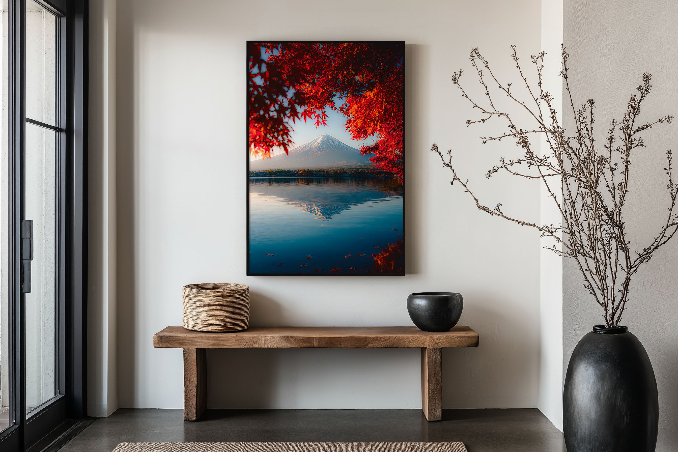 Mount Fuji Maple Bokeh Lake Wall Art Print | Japan Kawaguchiko Autumn Photography | Fuji Reflection Blue Water Poster