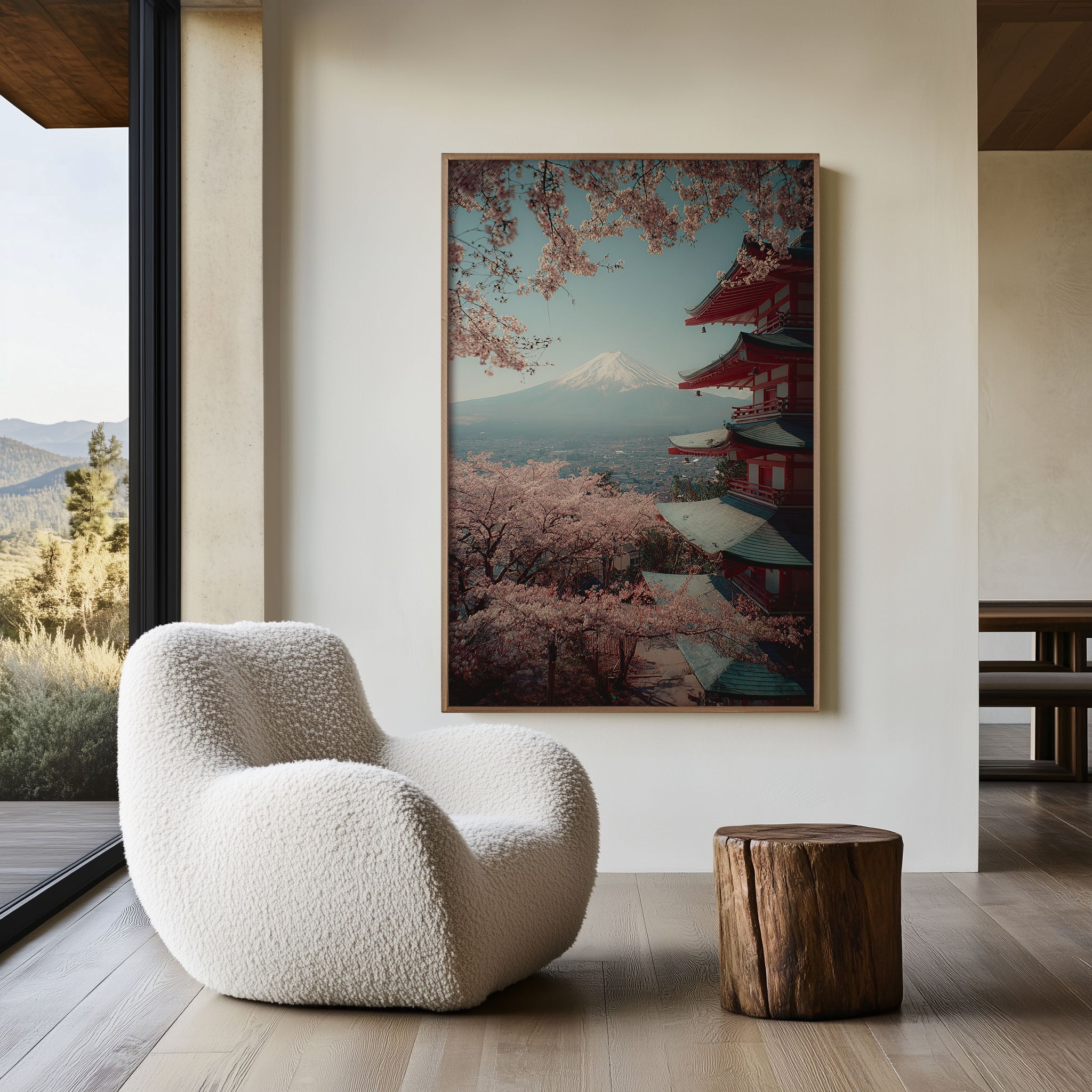 Mount Fuji Cherry Blossom Wall Art | Japan Sakura Pagoda Landscape Print
