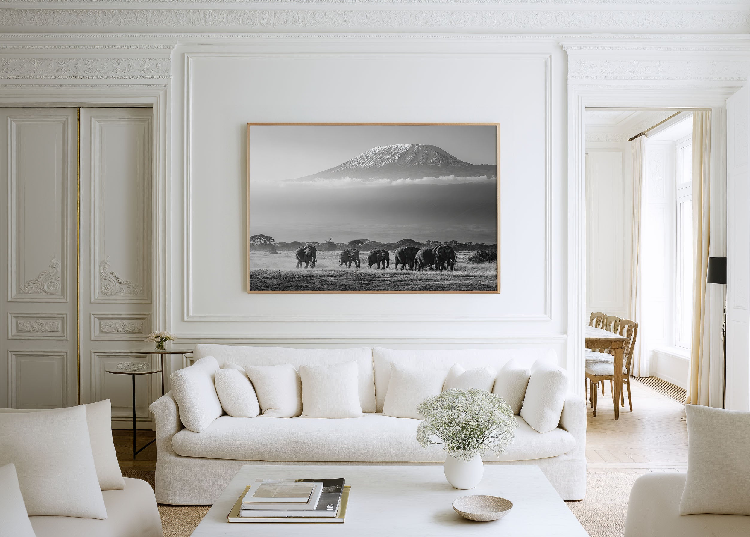 Mount Kilimanjaro Elephants Black & White Wall Art Print