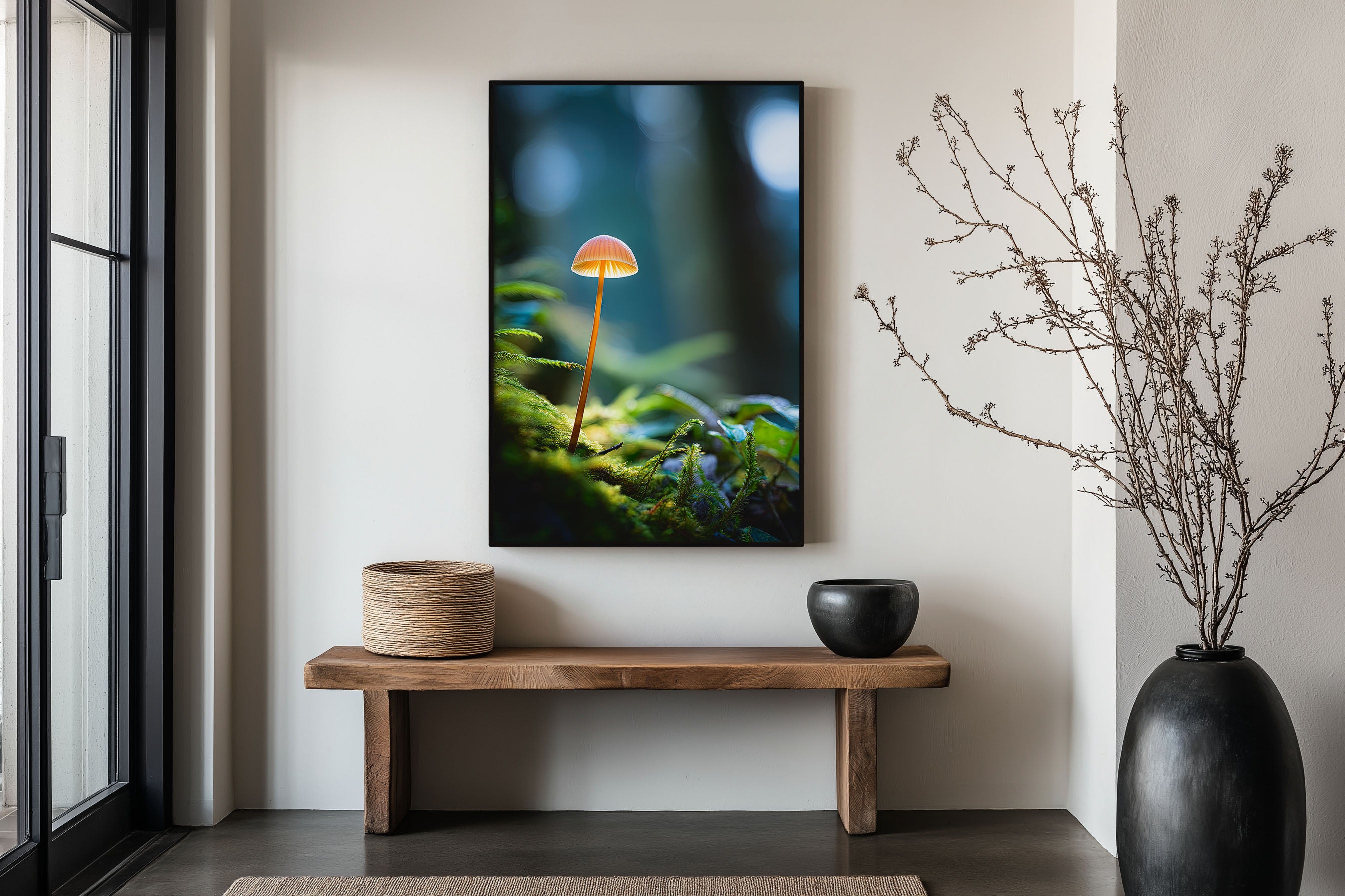 Glowing Forest Mushroom Macro Wall Art Print | Enchanted Woodland Fungi Photography | Moss Bokeh Nature Poster