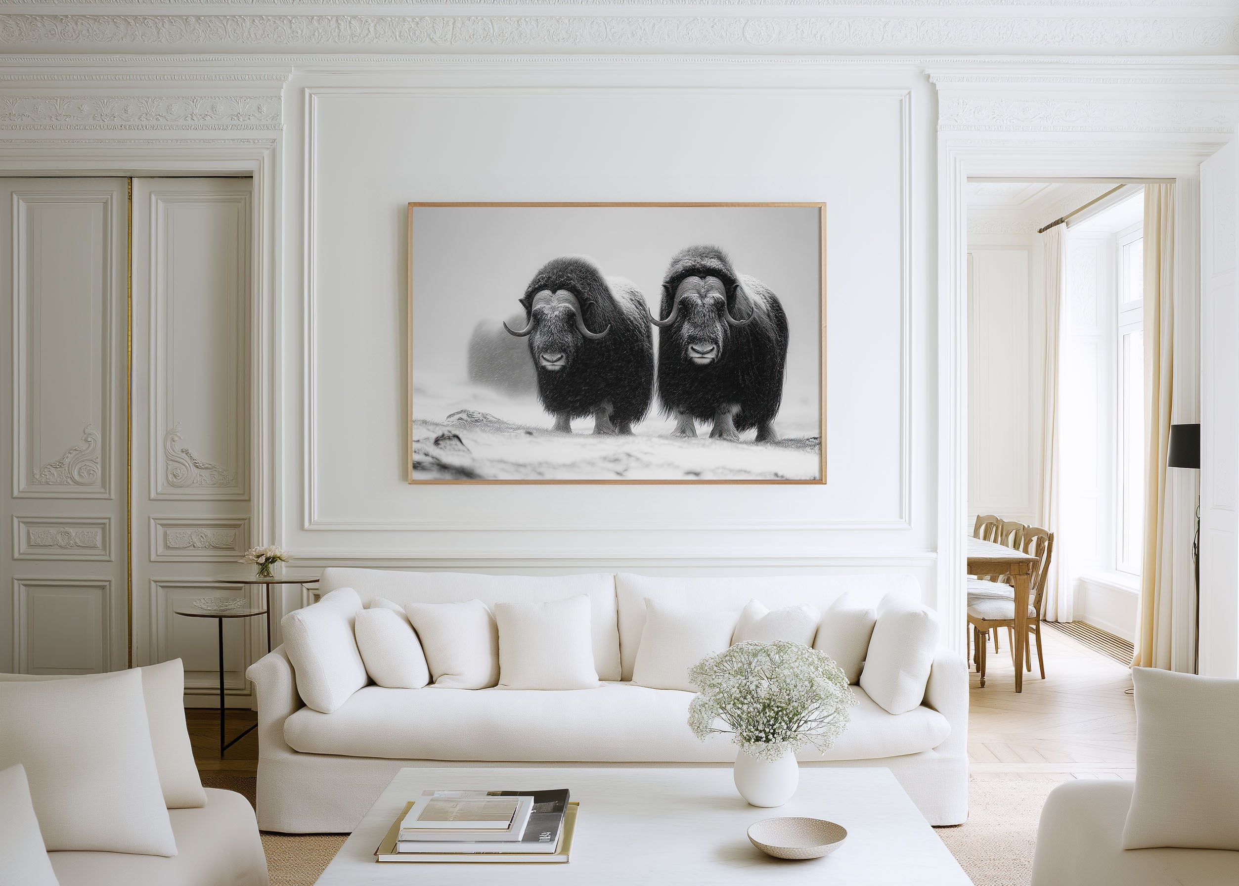 Musk Ox Pair Black & White Wildlife Wall Art Print