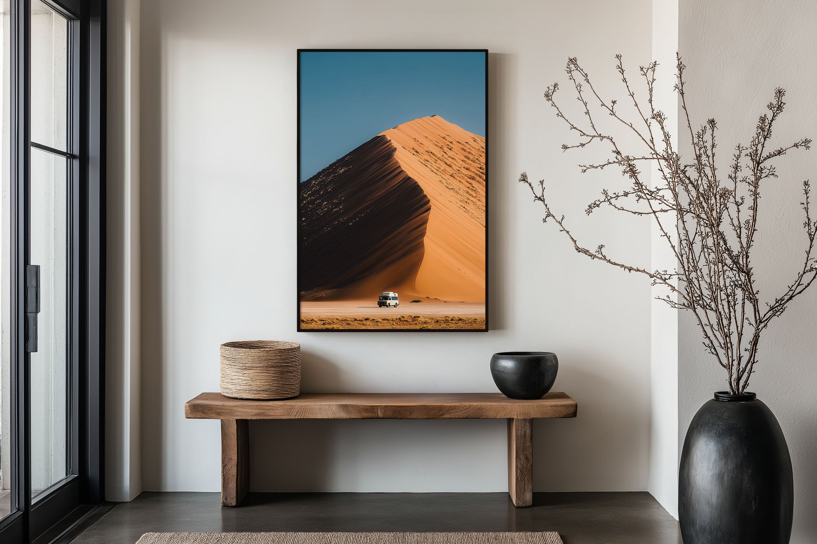 Namibia Sand Dune Van Wall Art Print | Sossusvlei Desert Road Trip Photography | Africa Adventure Campervan Poster