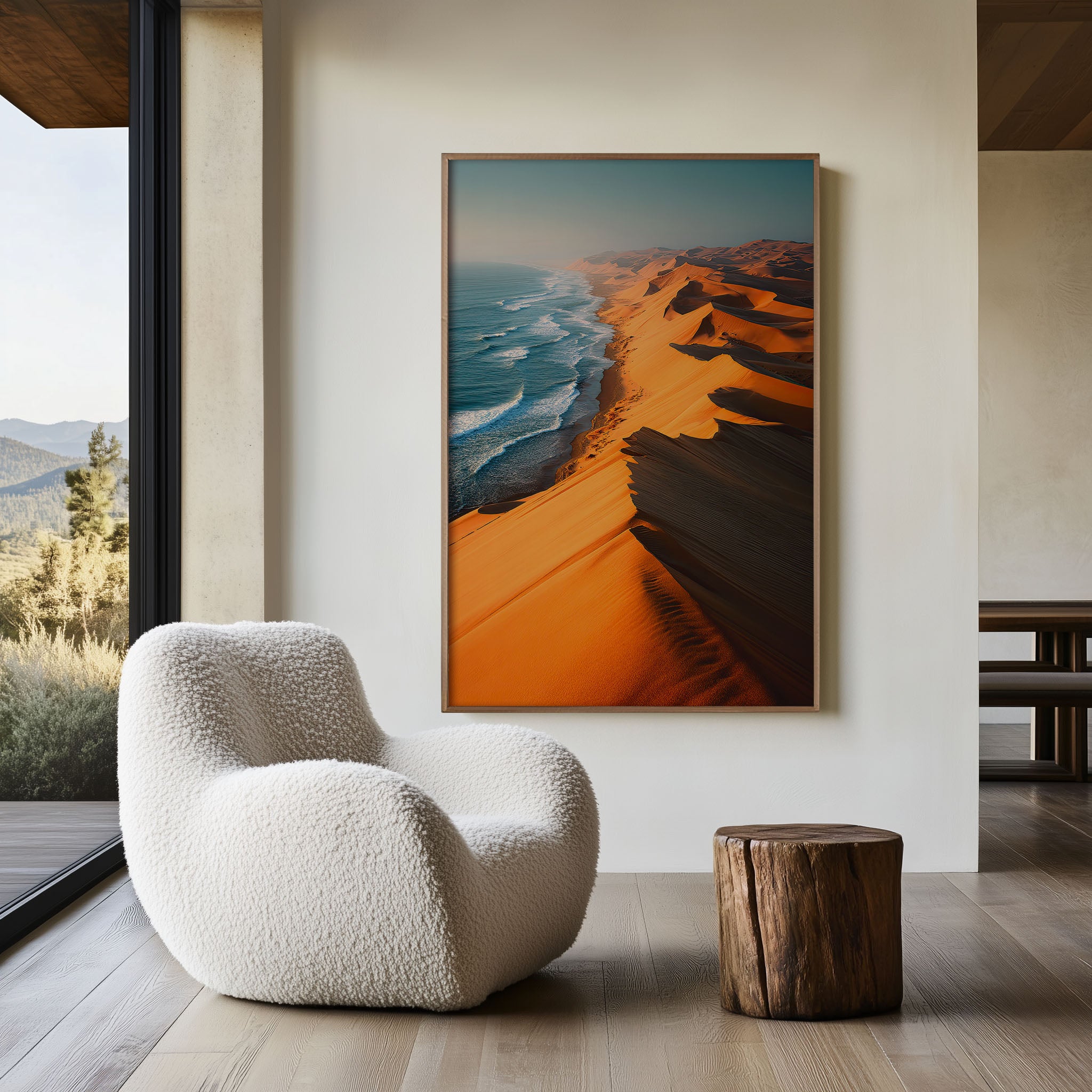 Namibia Sand Dunes Meeting Atlantic Coast Aerial Dawn Wall Art Print | Skeleton Coast Africa Photography Poster | Desert Ocean Landscape Decor