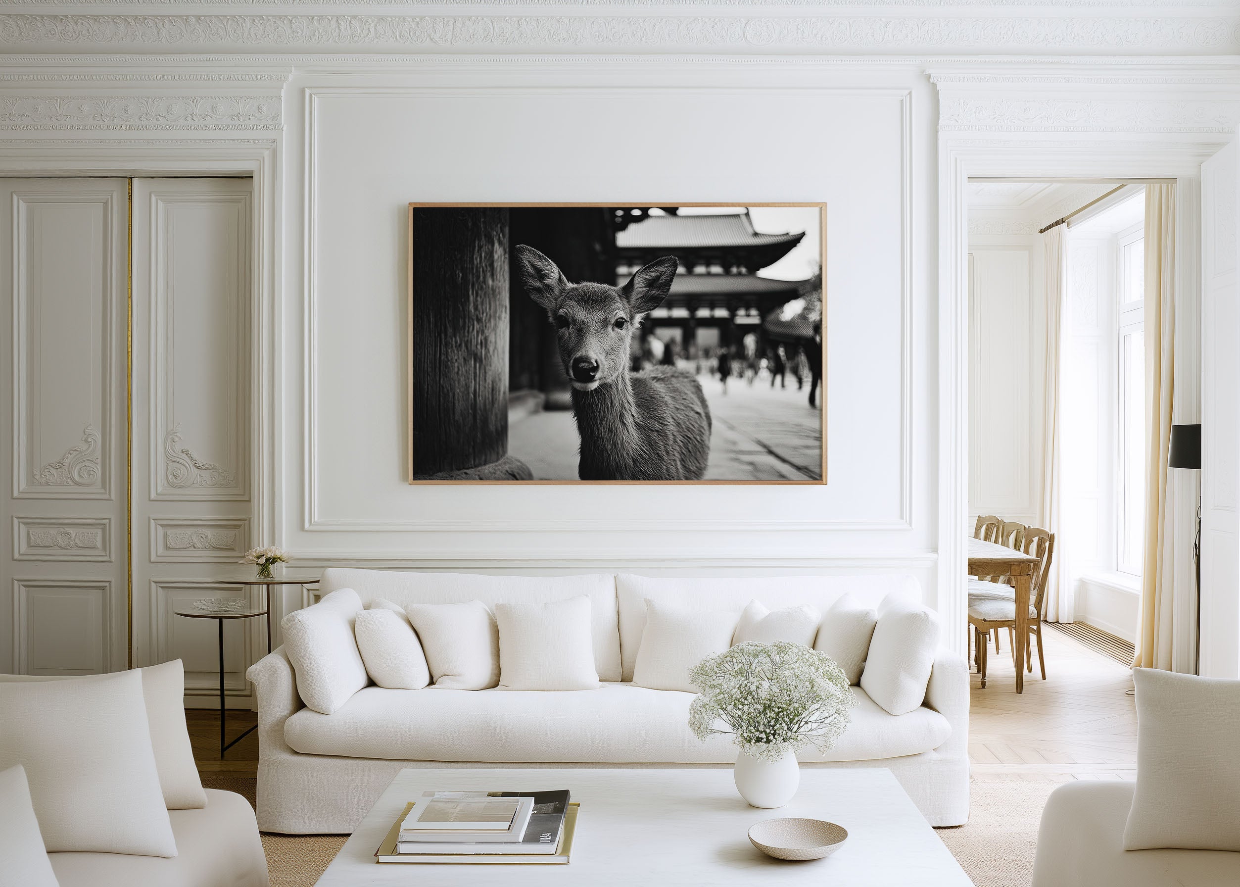 Nara Deer Temple Japan Wall Art Print, Black White Wildlife