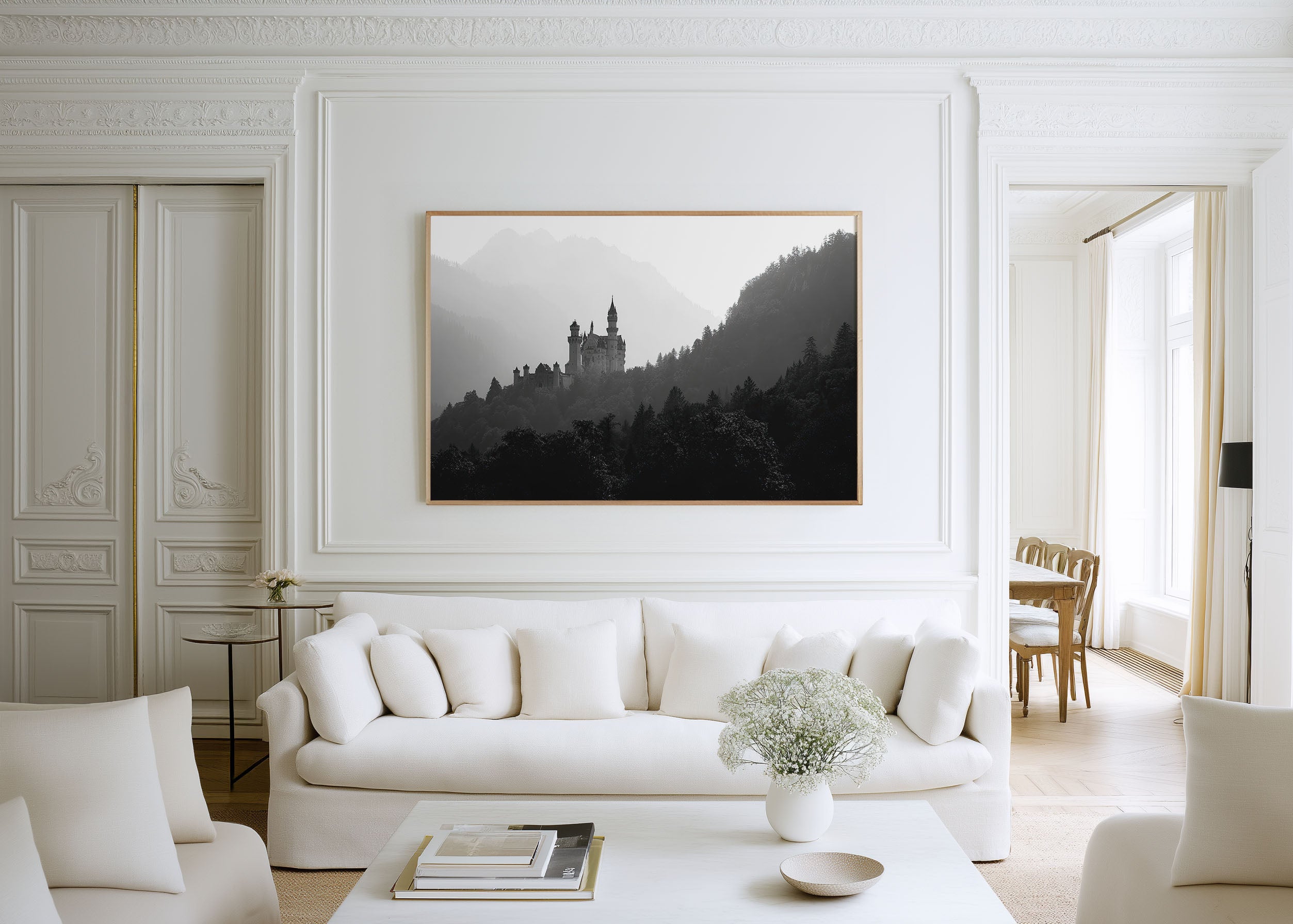Neuschwanstein Castle Mist Black & White Wall Art Print