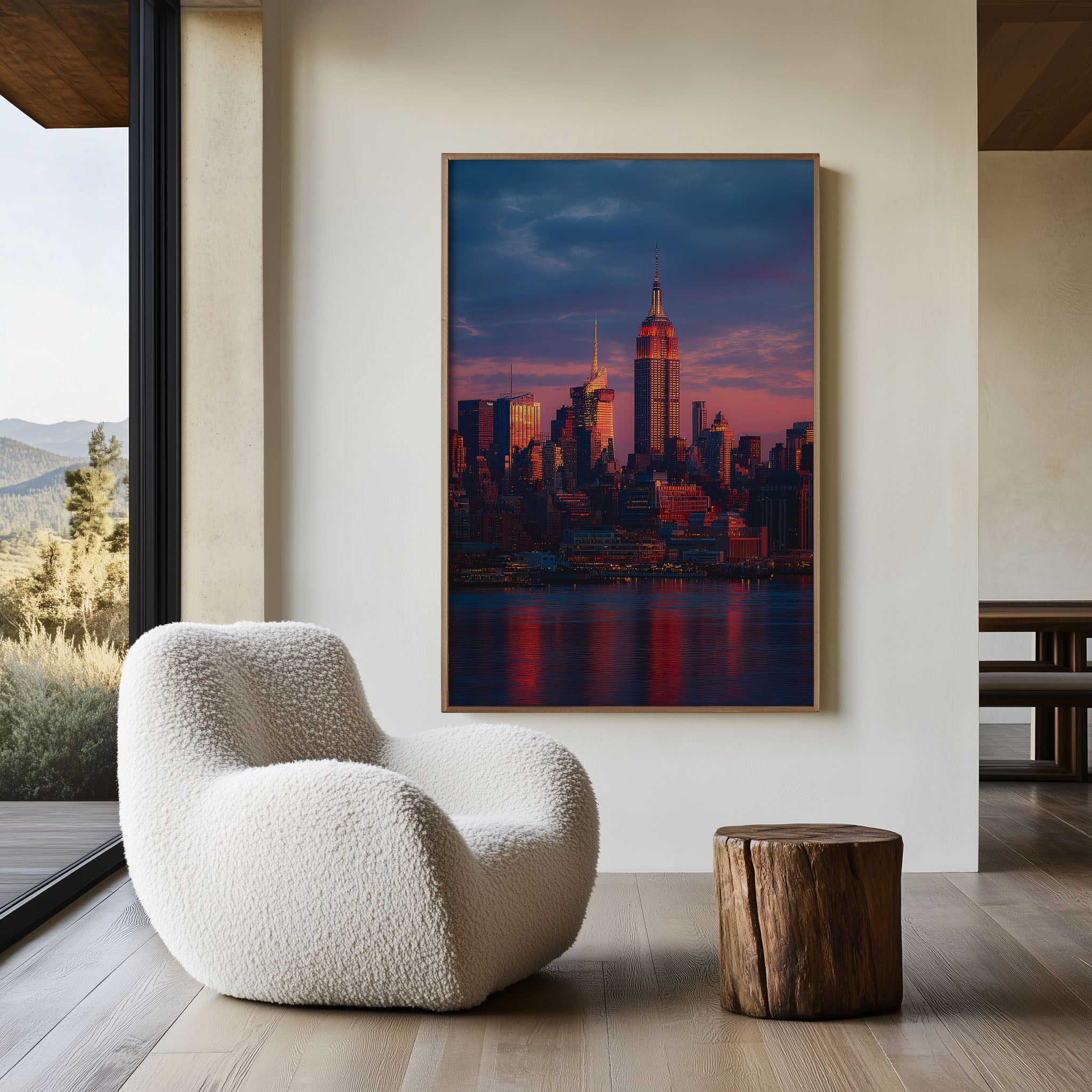 New York City Manhattan Skyline Sunset Wall Art | Empire State Building Hudson River Print | Travel Photography Poster