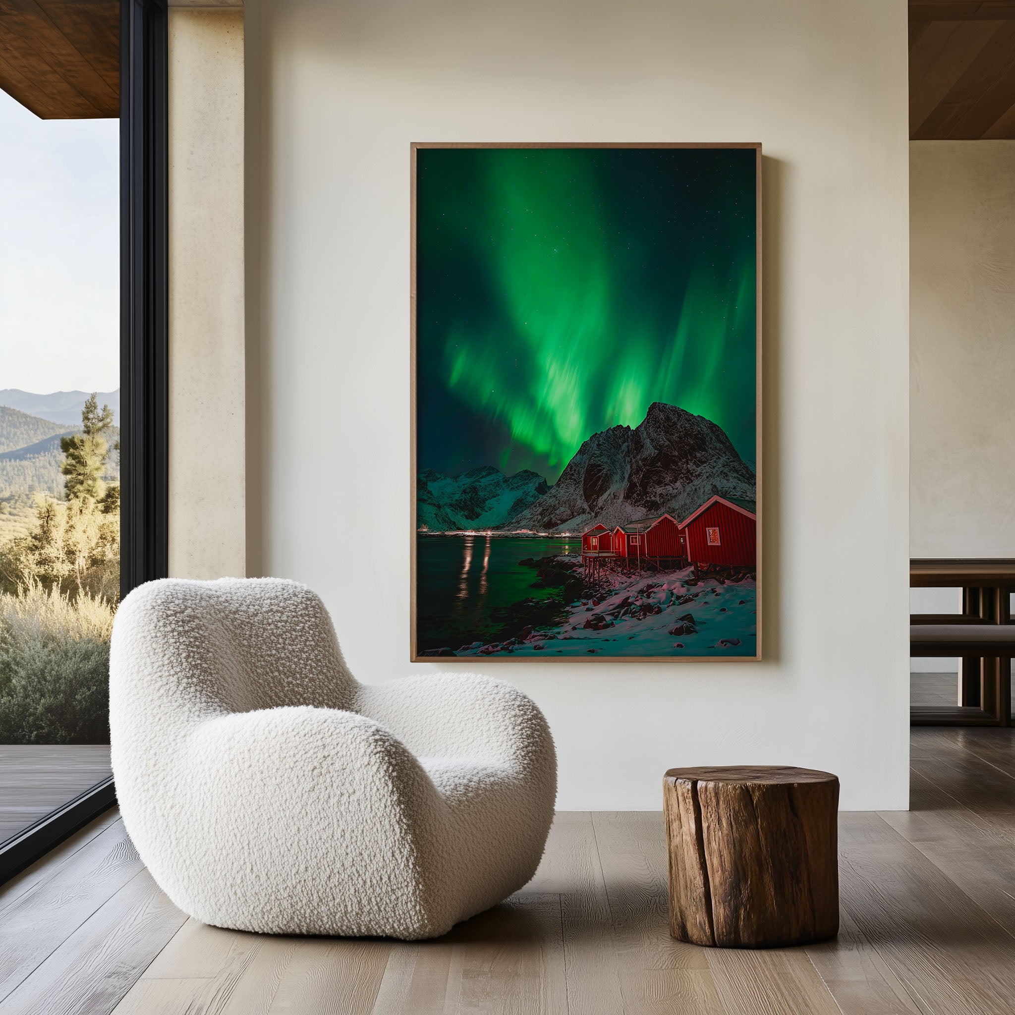 Norway Northern Lights Aurora Borealis Lofoten Wall Art Print | Red Fishing Huts Night Sky Photography | Scandinavian Home Decor