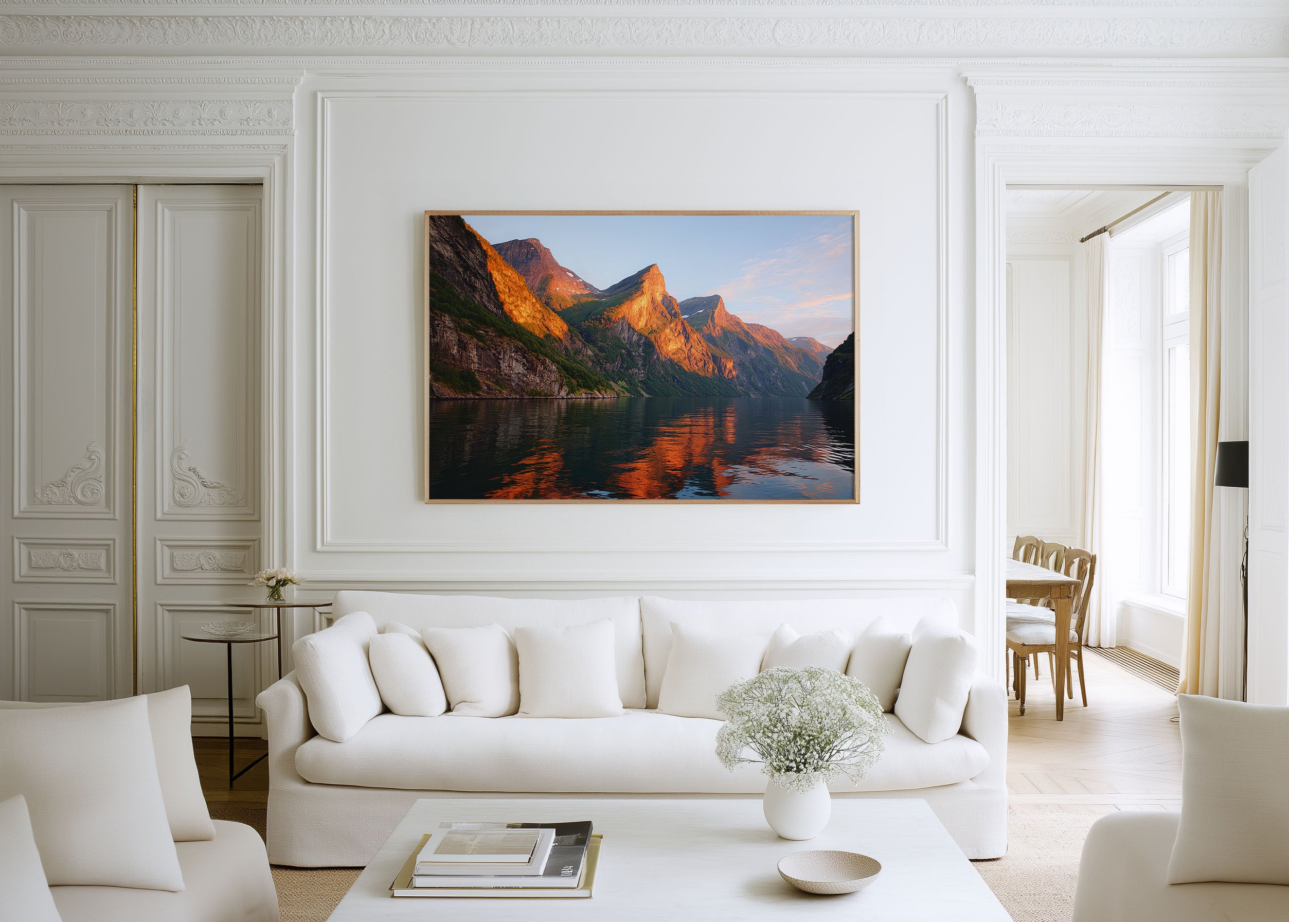Norway Fjord Mountain Reflection Wall Art Print – Scandinavian Landscape Canvas