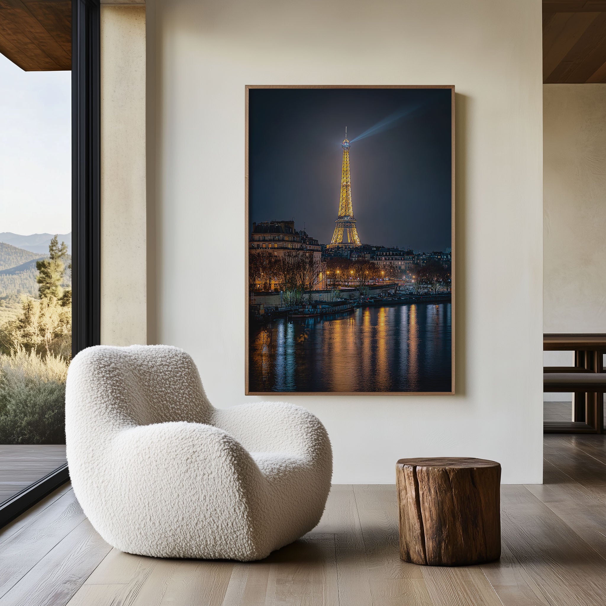 Paris Eiffel Tower Night Wall Art | Seine River France Print | City Lights Photography Poster