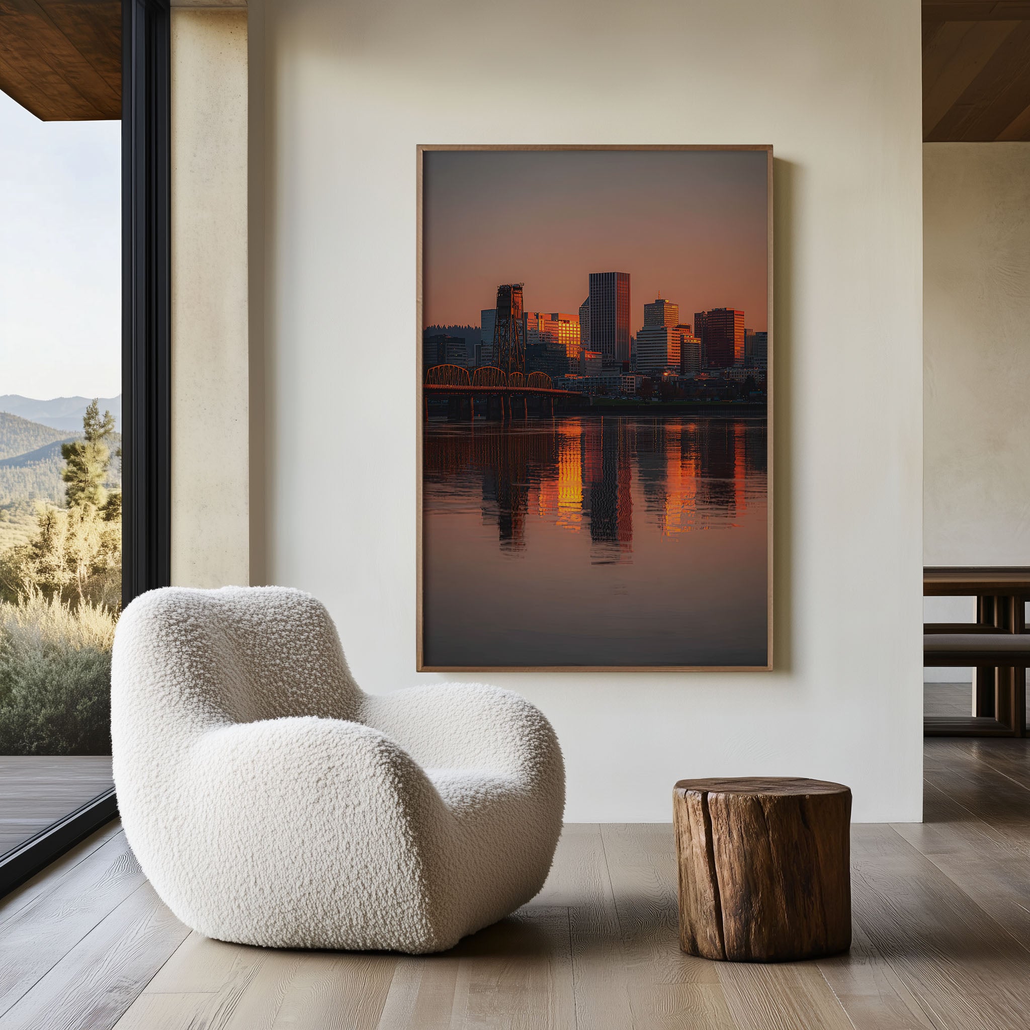 Portland Skyline Willamette River Sunset Wall Art | Hawthorne Bridge Oregon Reflection Print | Travel Photography Poster