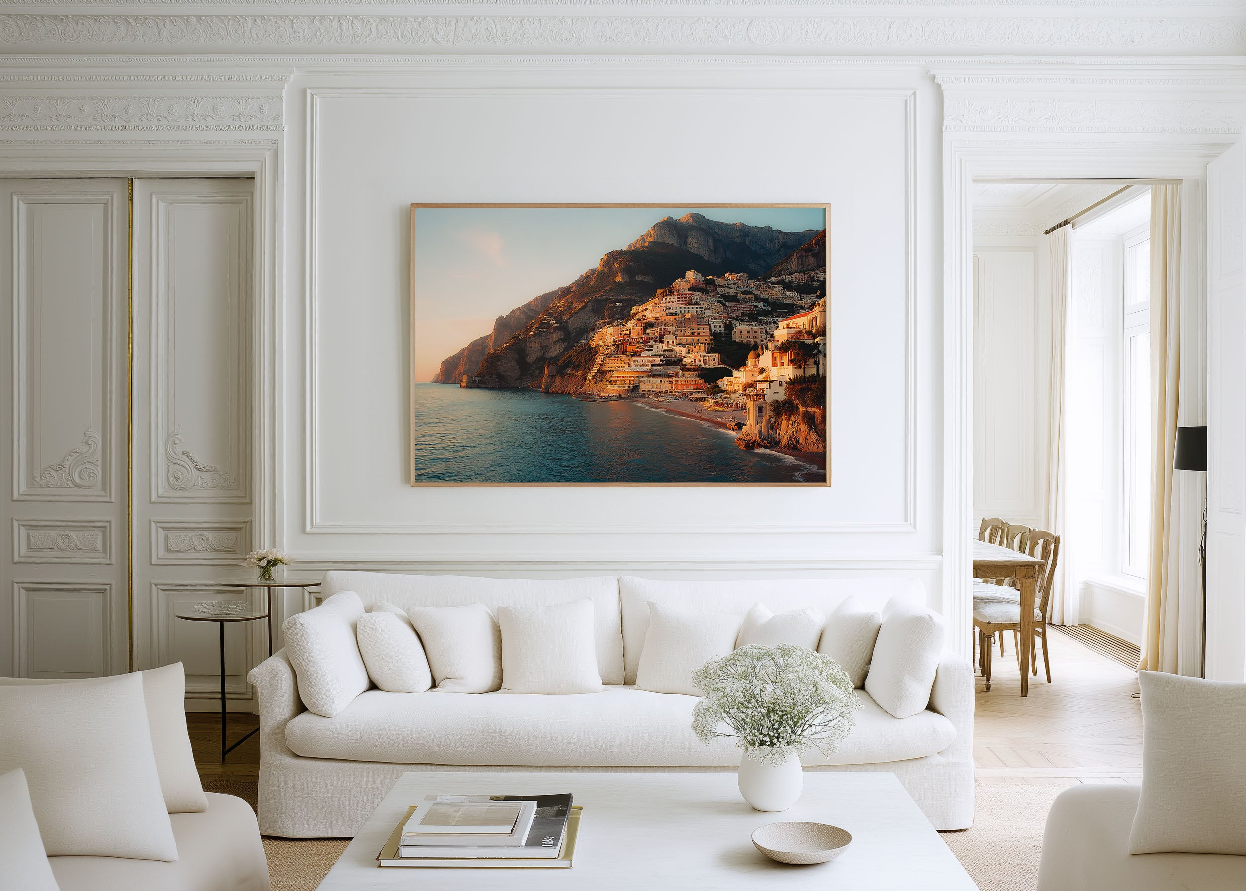Positano Amalfi Coast Italy Wall Art Print, Colorful Cliffside Village Sunset
