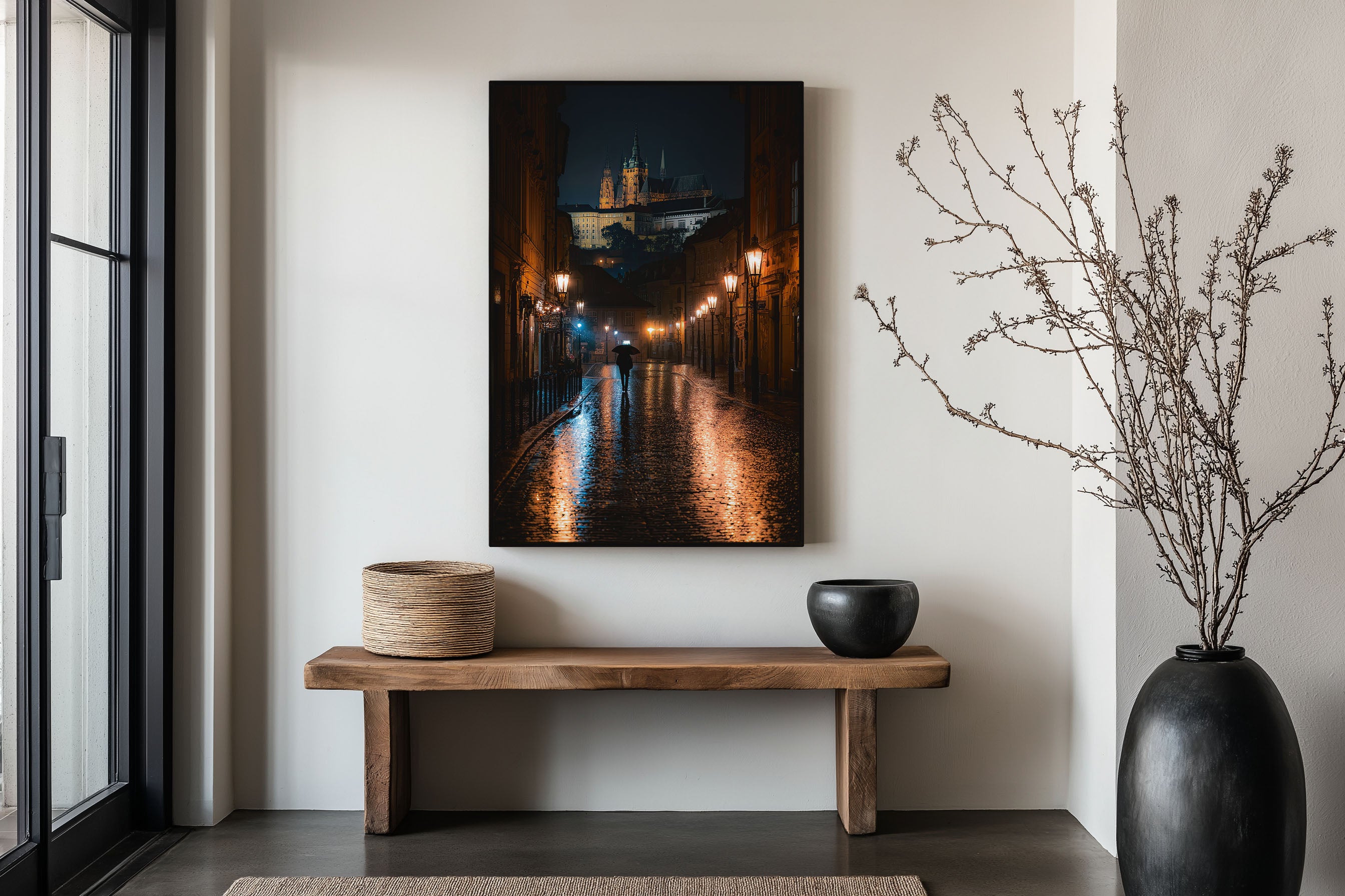 Prague Castle Rainy Night Street Print | Prague Old Town Wall Art | Czech Republic Cobblestone Night Cityscape Photography Poster