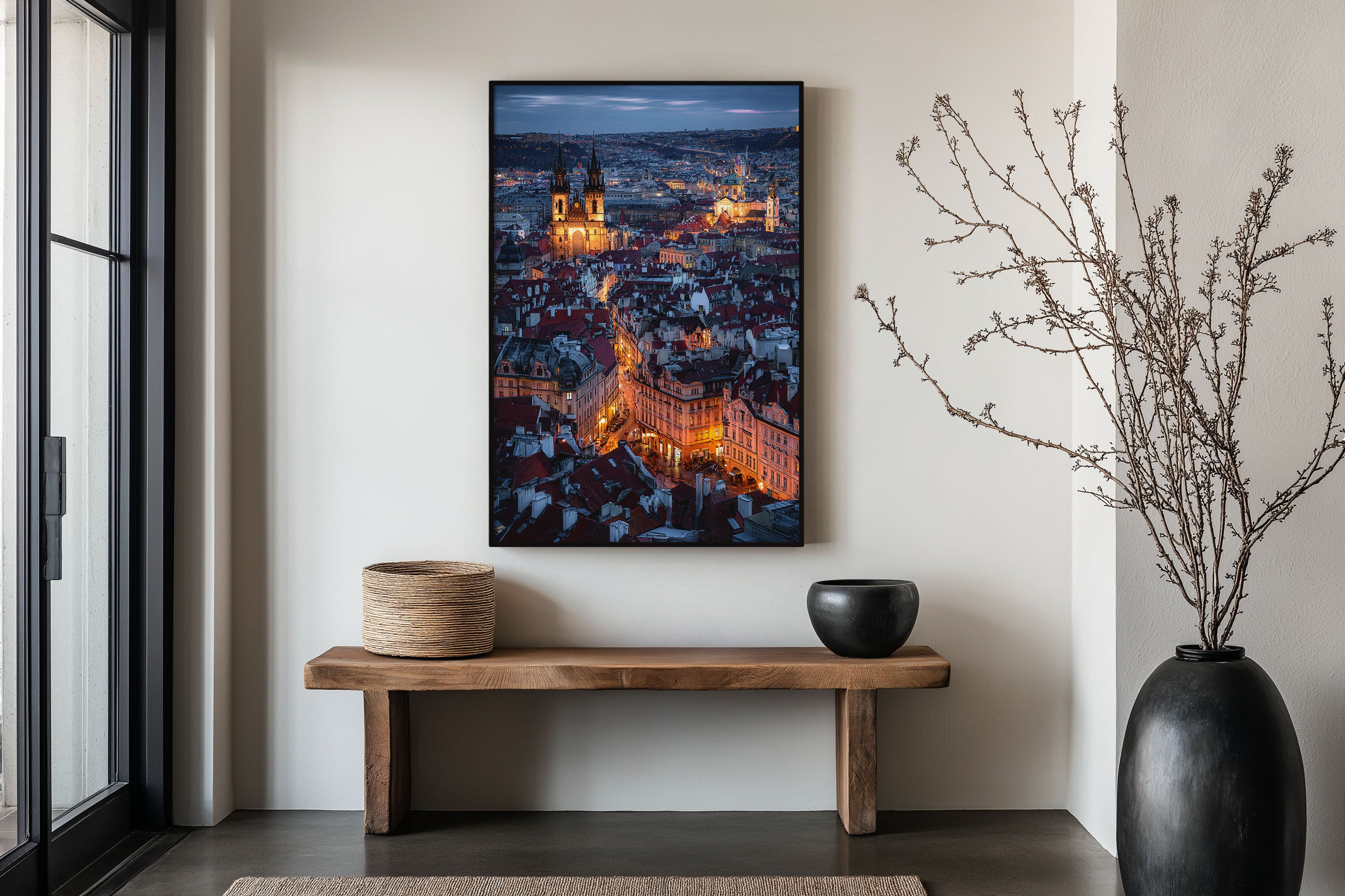 Prague Old Town Night Wall Art Print | Czech Republic Cityscape Photography | Týn Church Blue Hour Rooftops Poster