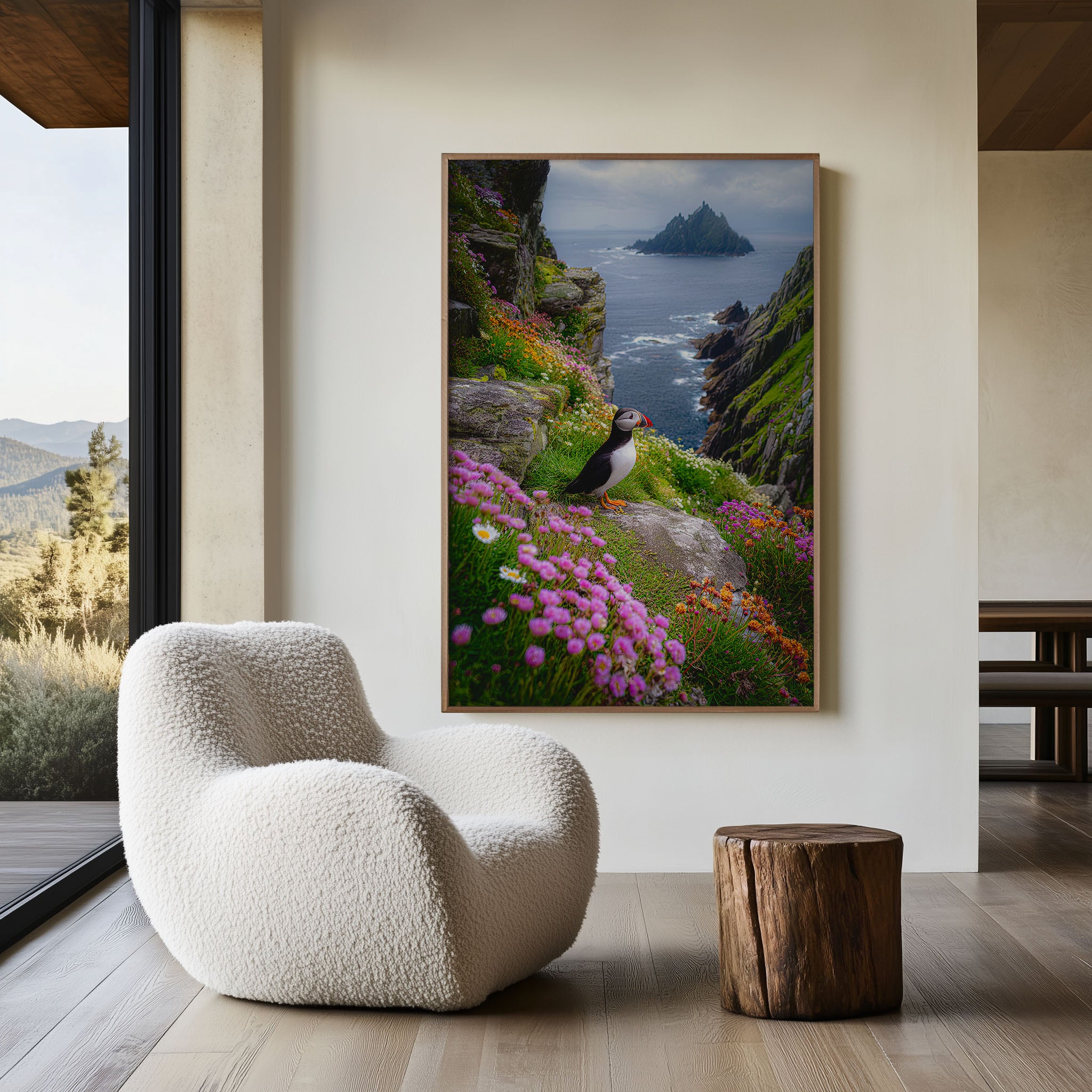Puffin Coastal Wall Art Print – Ireland Cliff Flowers Canvas, Atlantic Ocean Landscape, Wildlife Nature Decor